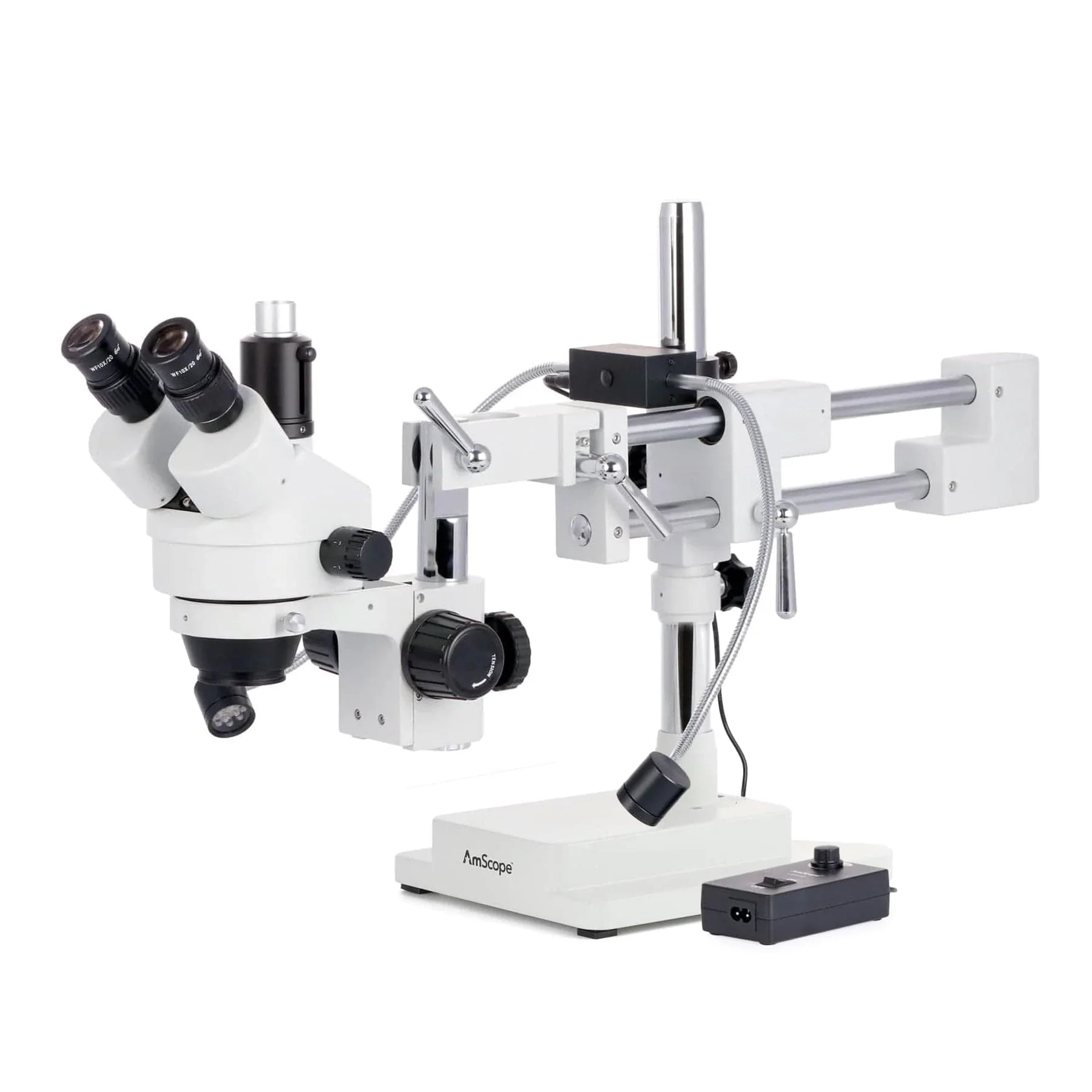 AmScope SM-4T Series Trinocular Simul-Focal Stereo Zoom Microscope 7X-45X with 8W LED Dual Gooseneck Illuminator and Optional Digital Camera on Double Arm Boom Stand