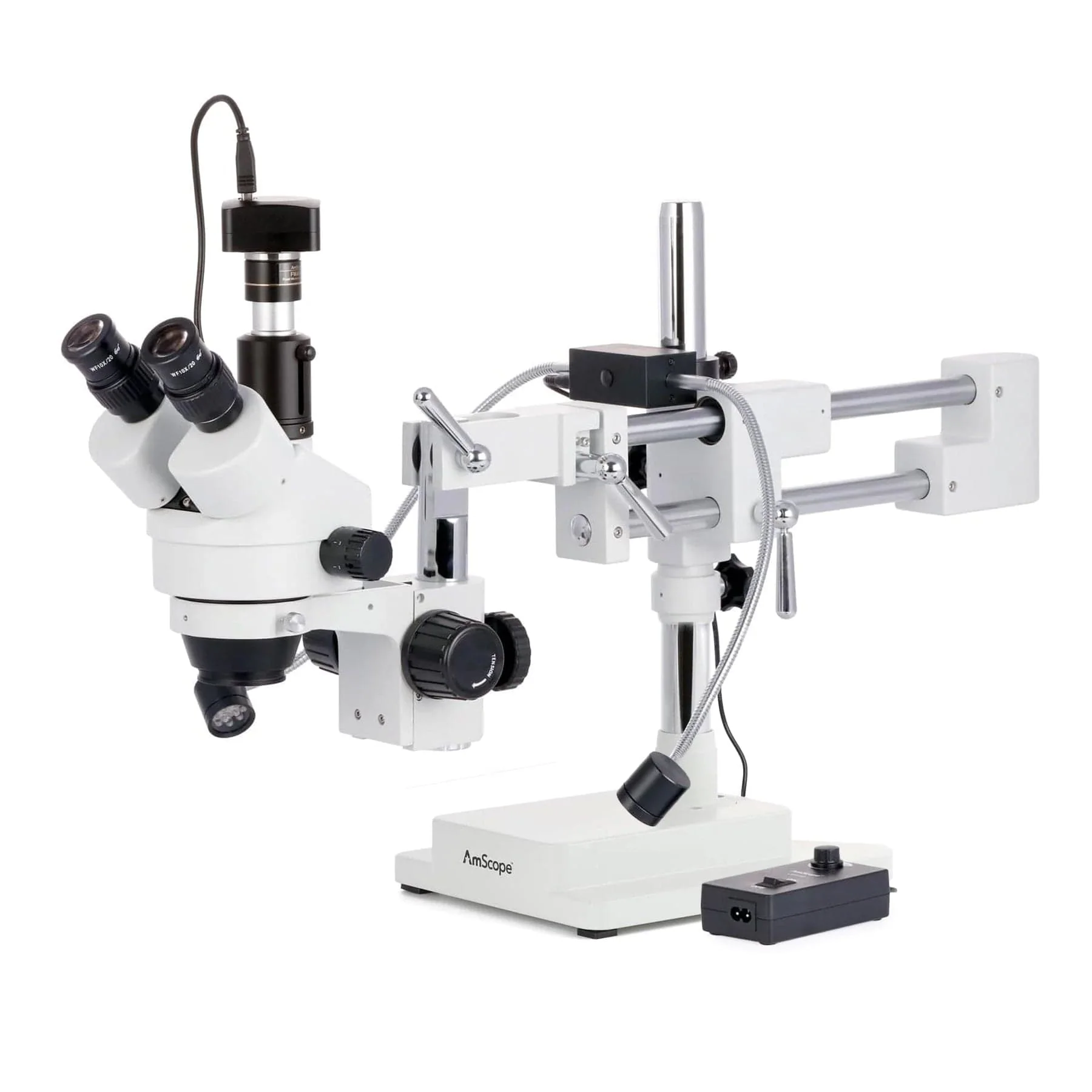 AmScope SM-4T Series Trinocular Simul-Focal Stereo Zoom Microscope 7X-45X with 8W LED Dual Gooseneck Illuminator and Optional Digital Camera on Double Arm Boom Stand - Image 2