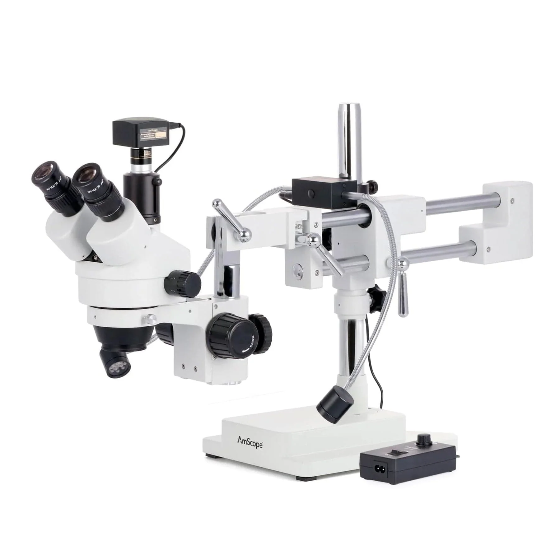 AmScope SM-4T Series Trinocular Simul-Focal Stereo Zoom Microscope 7X-45X with 8W LED Dual Gooseneck Illuminator and Optional Digital Camera on Double Arm Boom Stand - Image 3
