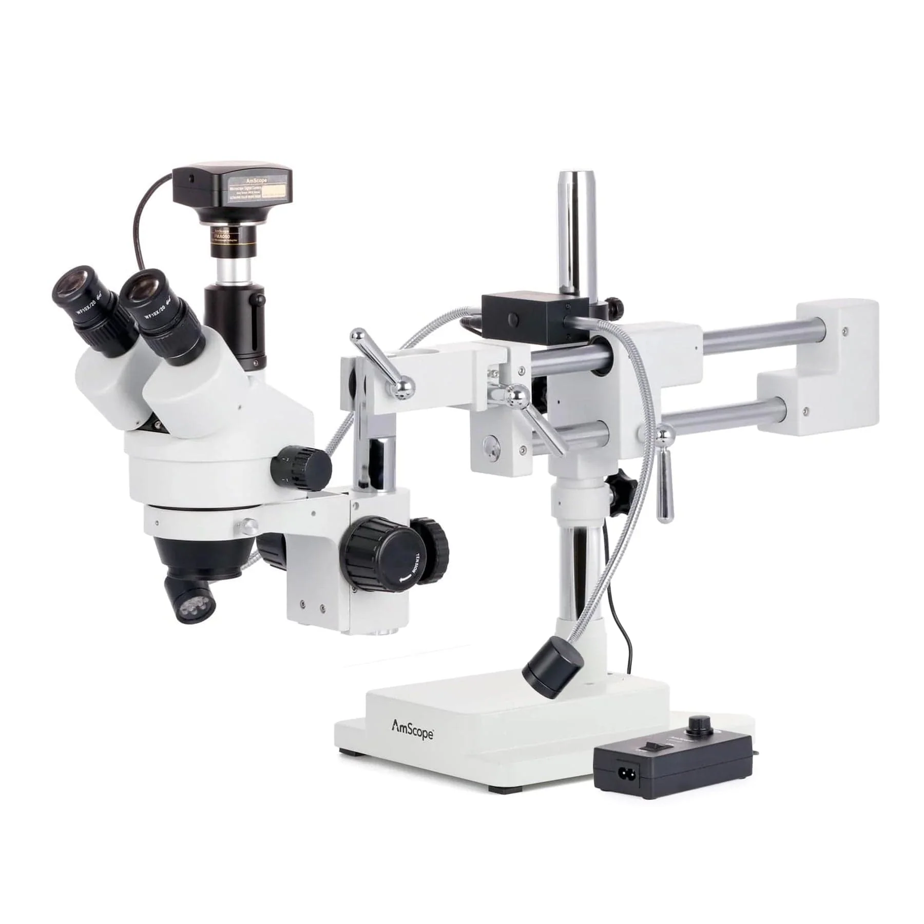 AmScope SM-4T Series Trinocular Simul-Focal Stereo Zoom Microscope 7X-45X with 8W LED Dual Gooseneck Illuminator and Optional Digital Camera on Double Arm Boom Stand - Image 4