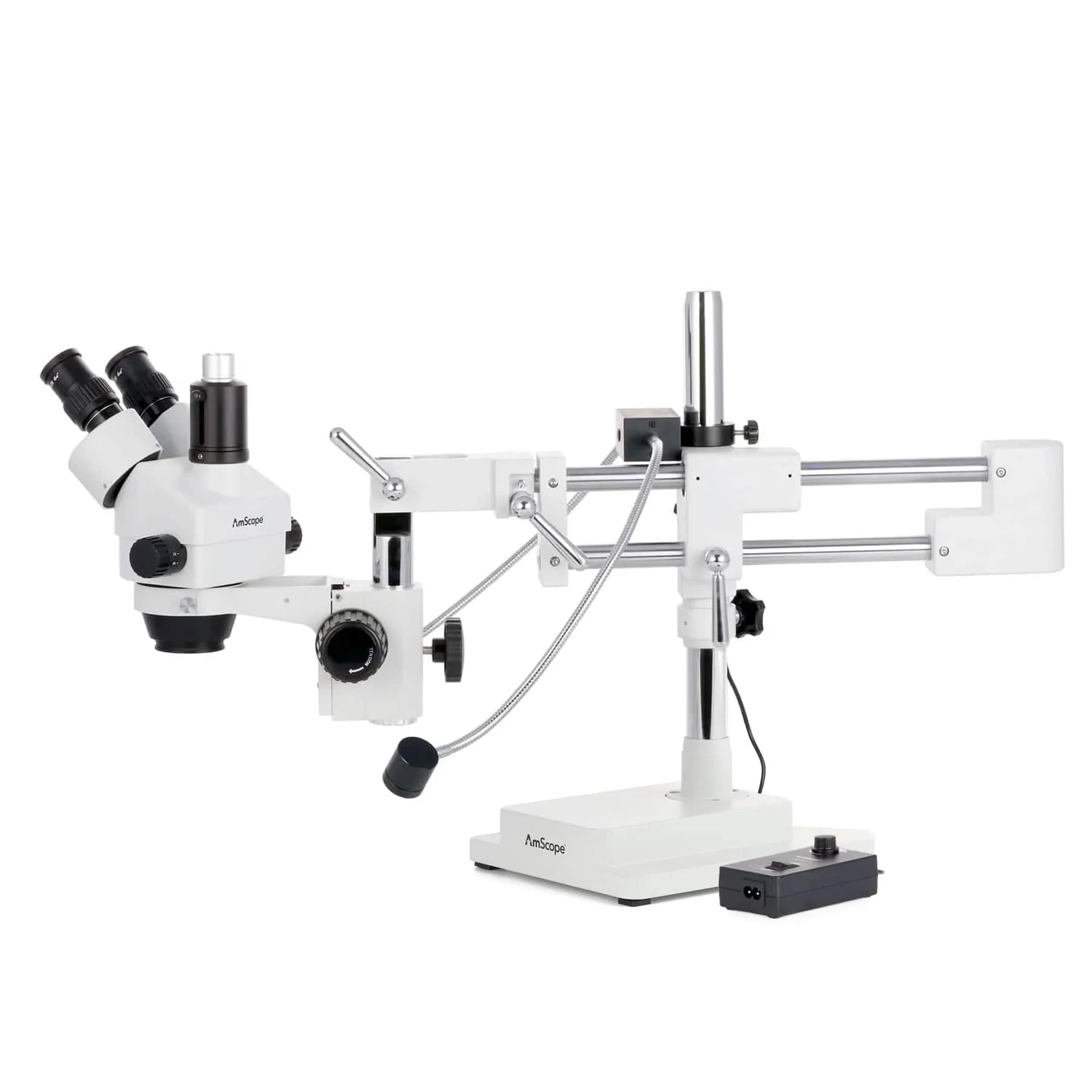 AmScope SM-4T Series Trinocular Simul-Focal Stereo Zoom Microscope 7X-45X with 8W LED Dual Gooseneck Illuminator and Optional Digital Camera on Double Arm Boom Stand - Image 5