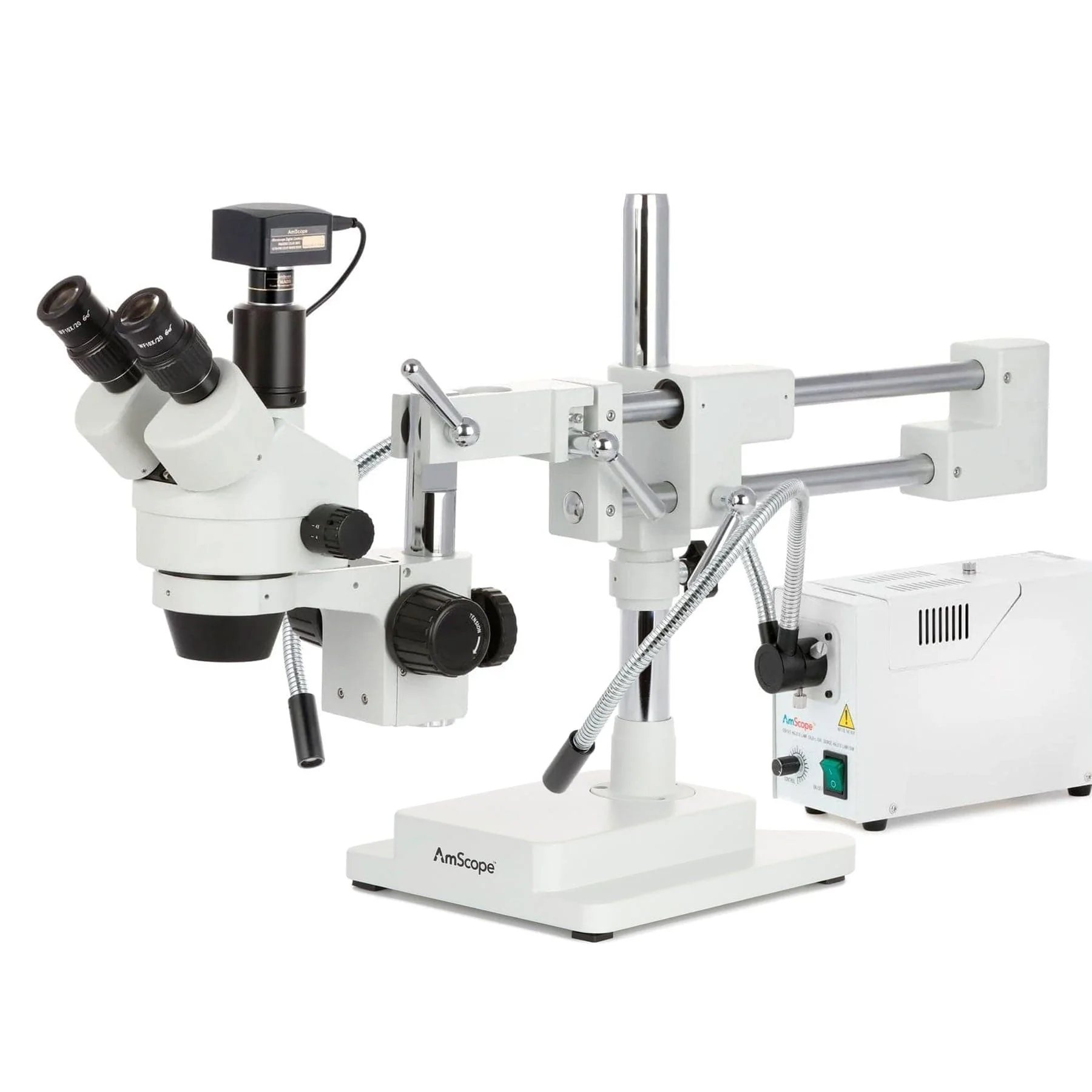 AmScope SM-4 Series Zoom Trinocular Stereo Microscope with 150W Halogen Dual Fiber Gooseneck Lights and Optional Digital Camera on Double Arm Boom Stand - Image 2