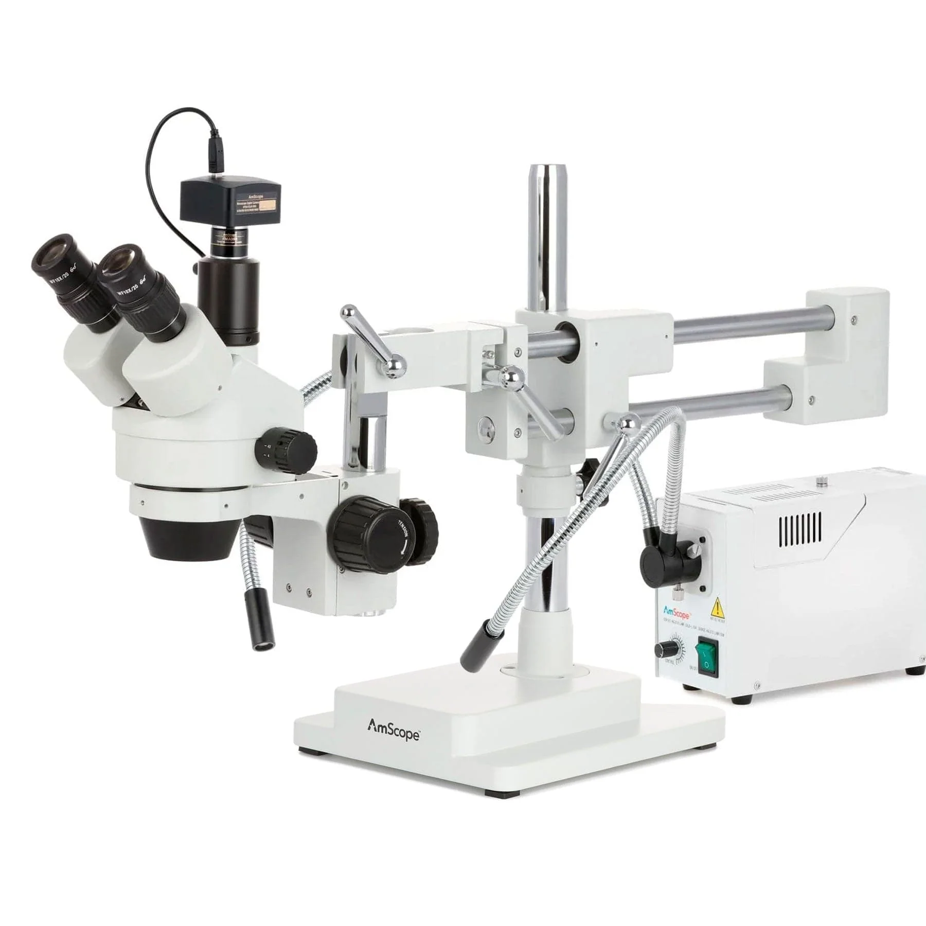 AmScope SM-4 Series Zoom Trinocular Stereo Microscope with 150W Halogen Dual Fiber Gooseneck Lights and Optional Digital Camera on Double Arm Boom Stand - Image 3