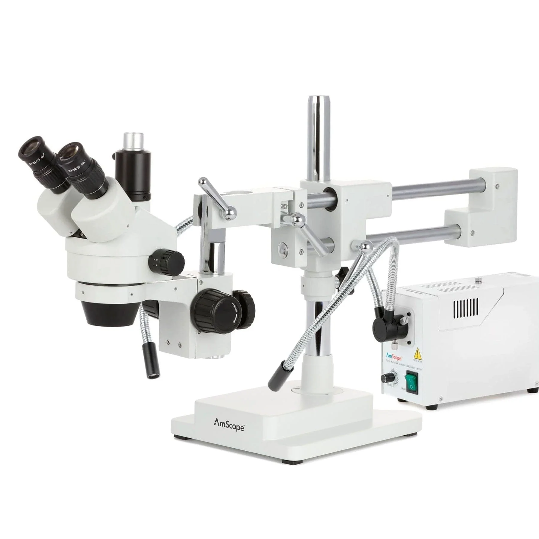 AmScope SM-4 Series Zoom Trinocular Stereo Microscope with 150W Halogen Dual Fiber Gooseneck Lights and Auto Focus Camera on Double Arm Boom Stand