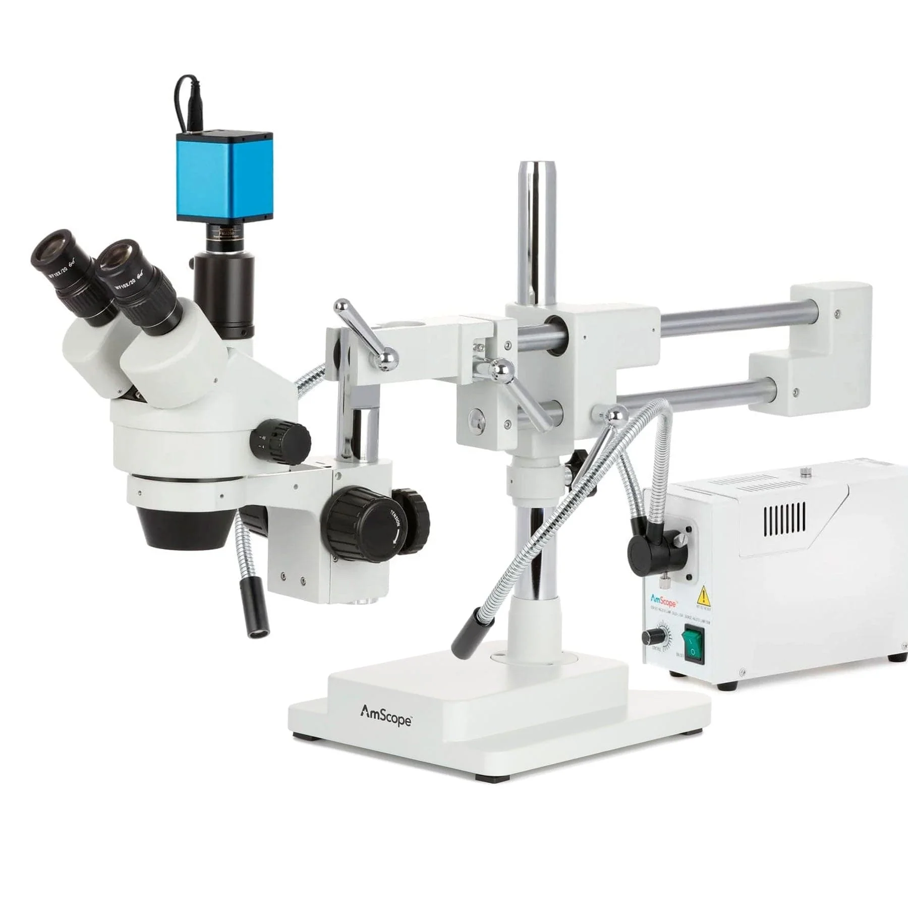 AmScope SM-4 Series Zoom Trinocular Stereo Microscope with 150W Halogen Dual Fiber Gooseneck Lights and Auto Focus Camera on Double Arm Boom Stand - Image 3