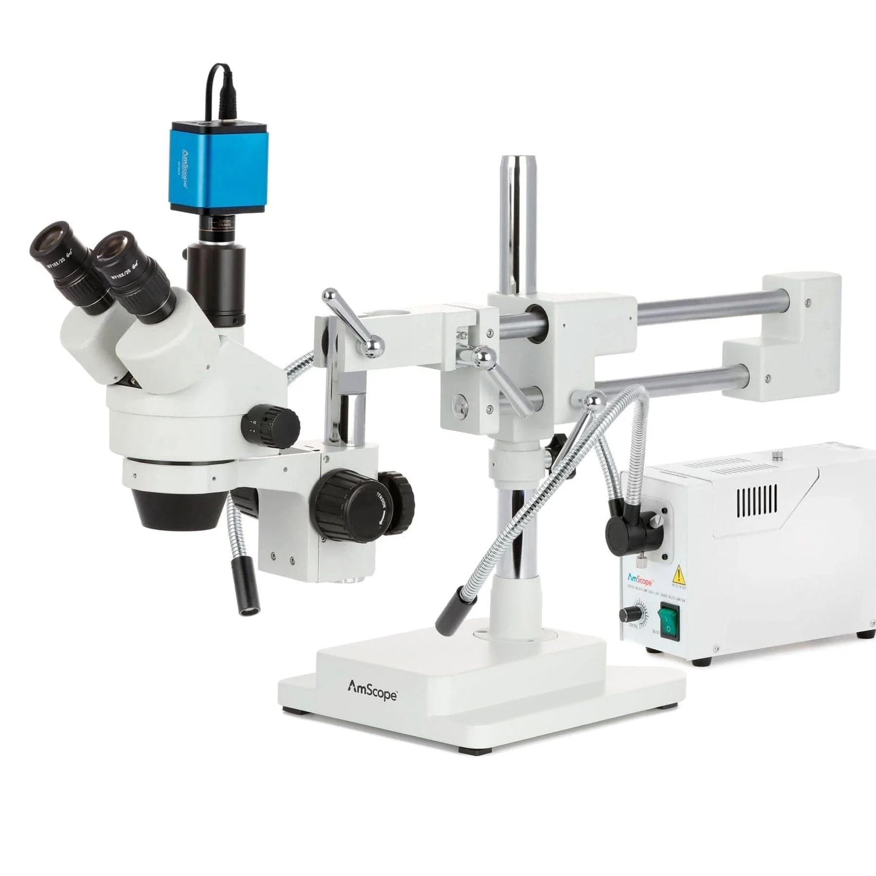 AmScope SM-4 Series Zoom Trinocular Stereo Microscope with 150W Halogen Dual Fiber Gooseneck Lights and HDMI Camera on Double Arm Boom Stand - Image 2
