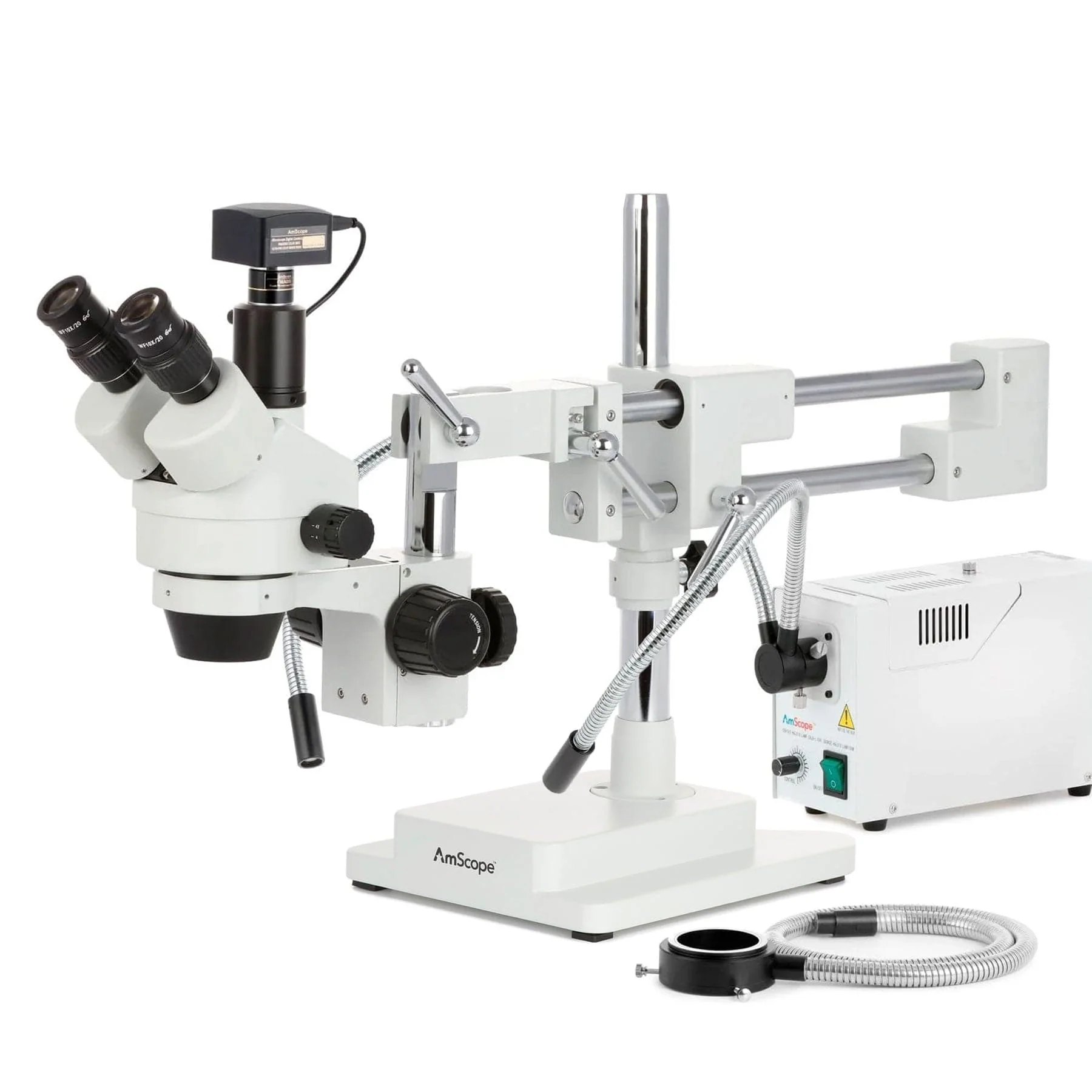 AmScope SM-4 Series Zoom Trinocular Stereo Microscope with 150W Halogen Dual Gooseneck & Ring Lights and Optional Digital Camera on Double Arm Boom Stand - Image 2