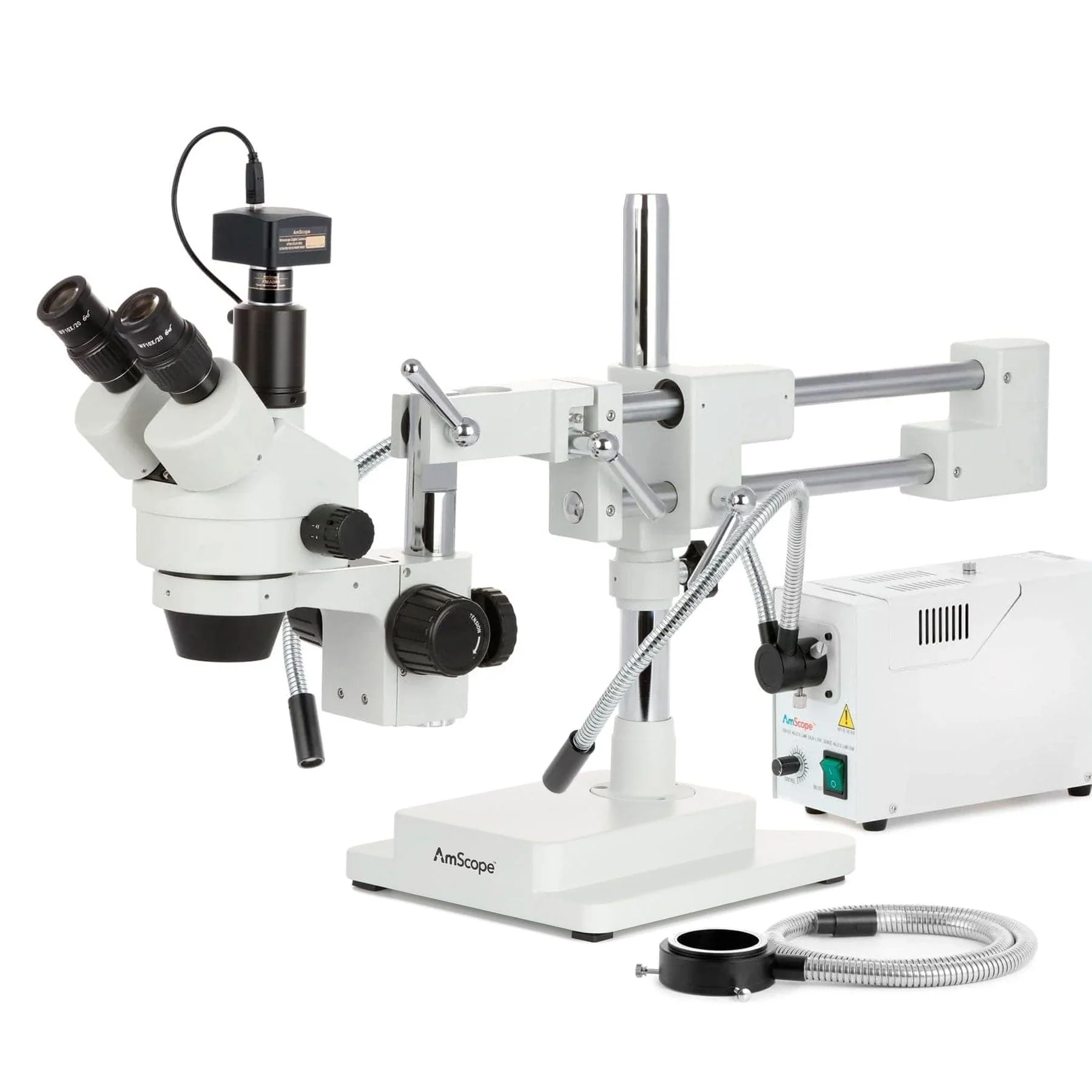 AmScope SM-4 Series Zoom Trinocular Stereo Microscope with 150W Halogen Dual Gooseneck & Ring Lights and Optional Digital Camera on Double Arm Boom Stand - Image 3