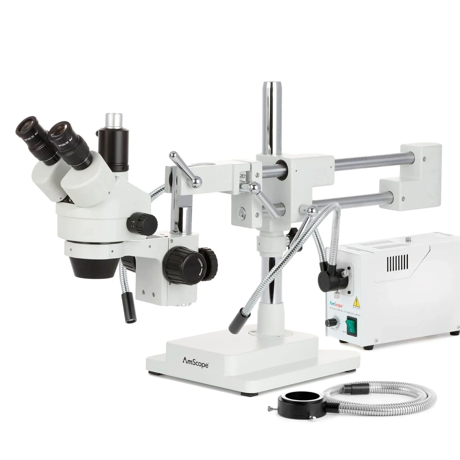 AmScope SM-4 Series Zoom Trinocular Stereo Microscope with 150W Halogen Dual Gooseneck & Ring Lights and Auto Focus Camera on Double Arm Boom Stand