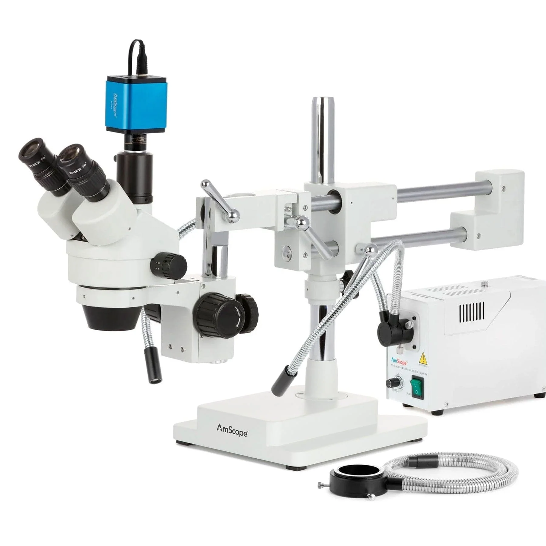 AmScope SM-4 Series Zoom Trinocular Stereo Microscope with 150W Halogen Dual Gooseneck & Ring Lights and Auto Focus Camera on Double Arm Boom Stand - Image 2