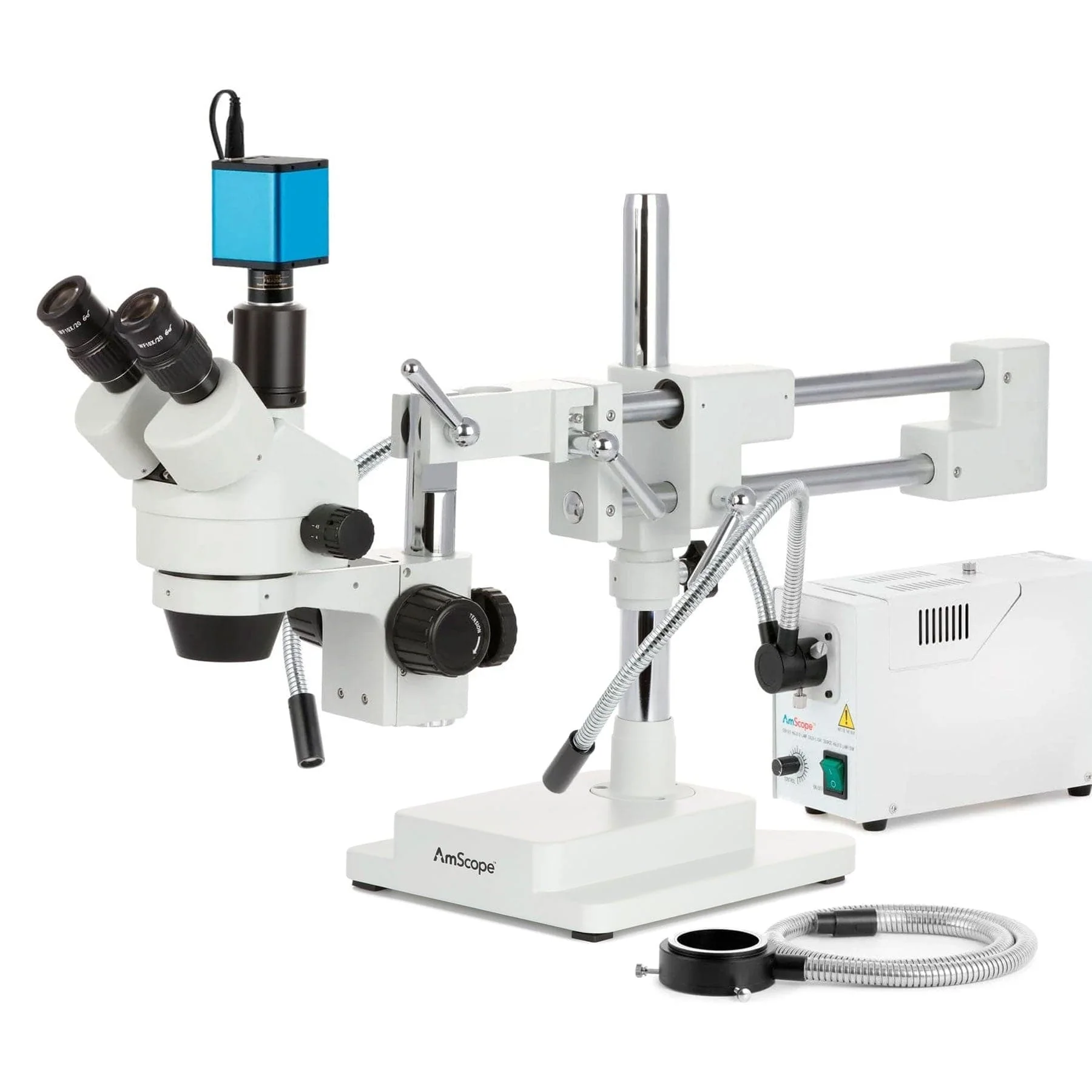 AmScope SM-4 Series Zoom Trinocular Stereo Microscope with 150W Halogen Dual Gooseneck & Ring Lights and Auto Focus Camera on Double Arm Boom Stand - Image 3