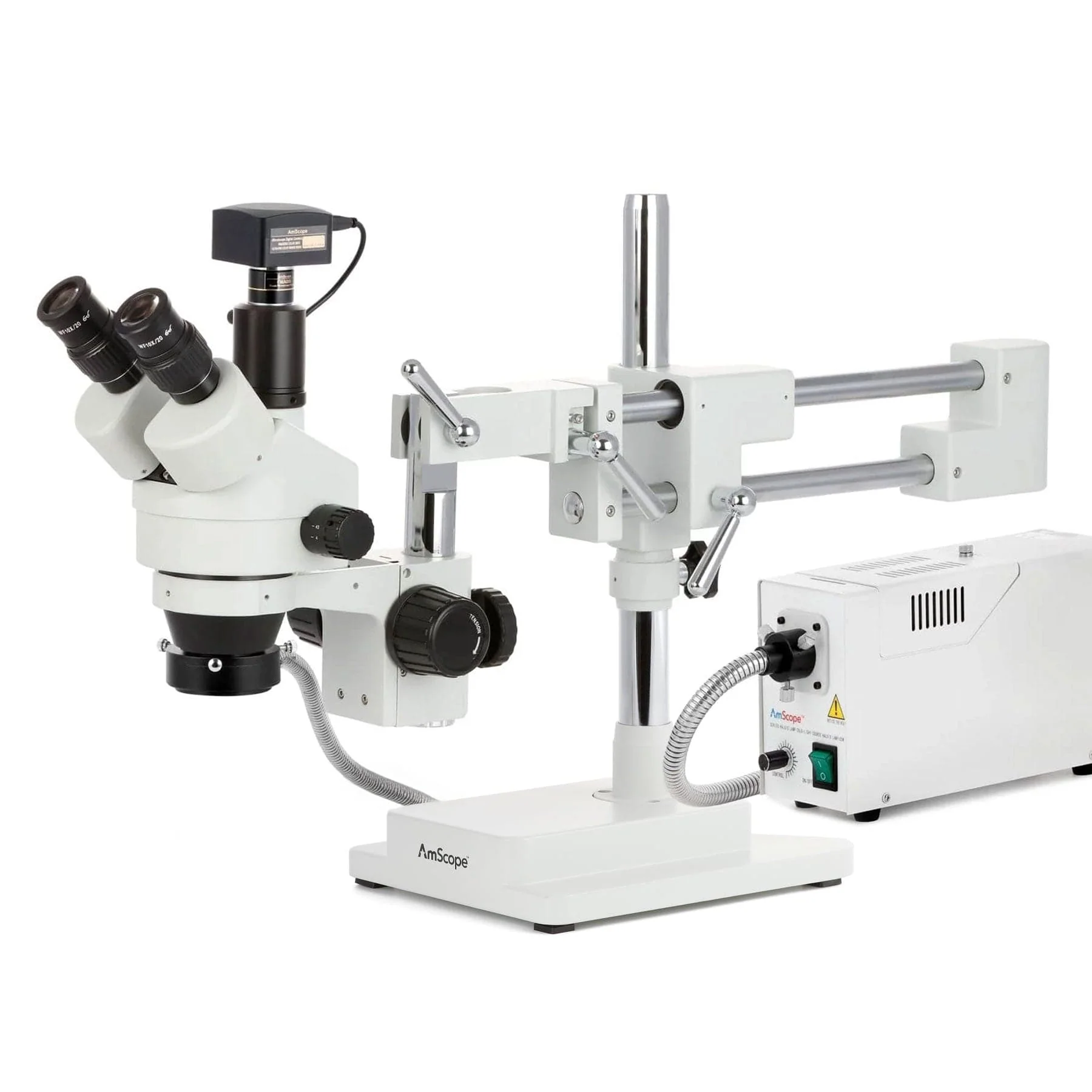 AmScope SM-4 Series Zoom Trinocular Stereo Microscope with 150W Halogen Ring Light and Optional Digital Camera on Double Arm Boom Stand - Image 2