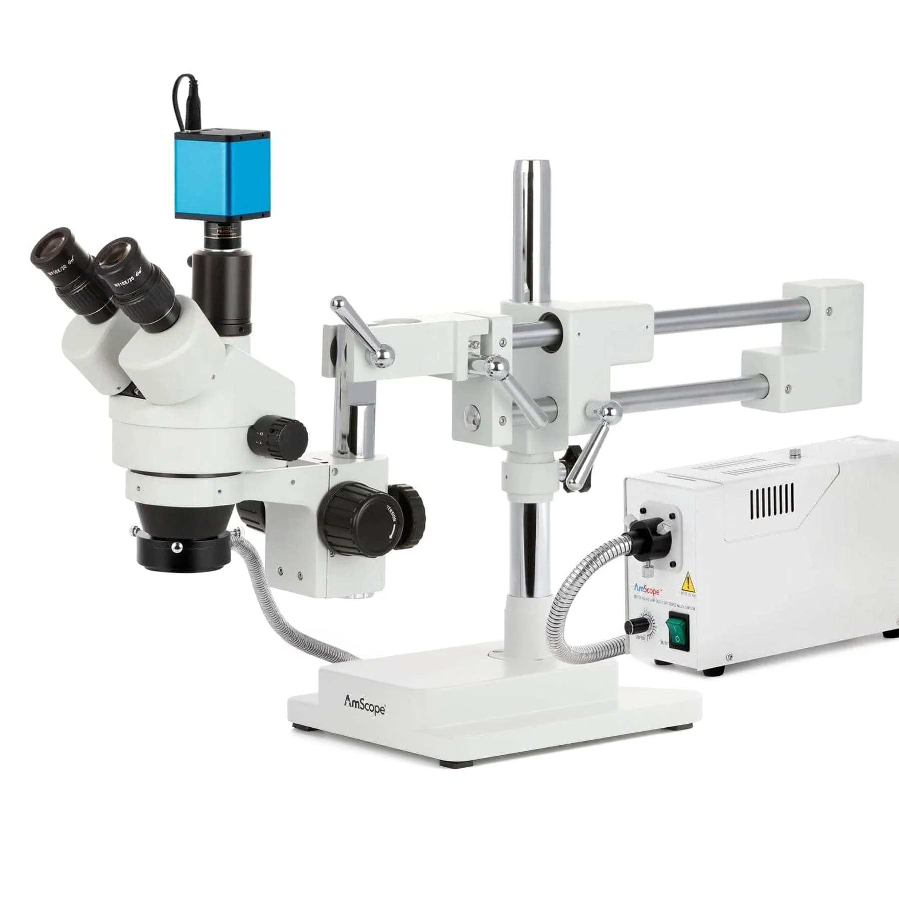 AmScope SM-4 Series Zoom Trinocular Stereo Microscope with 150W Halogen Ring Light and Auto Focus Camera on Double Arm Boom Stand - Image 3
