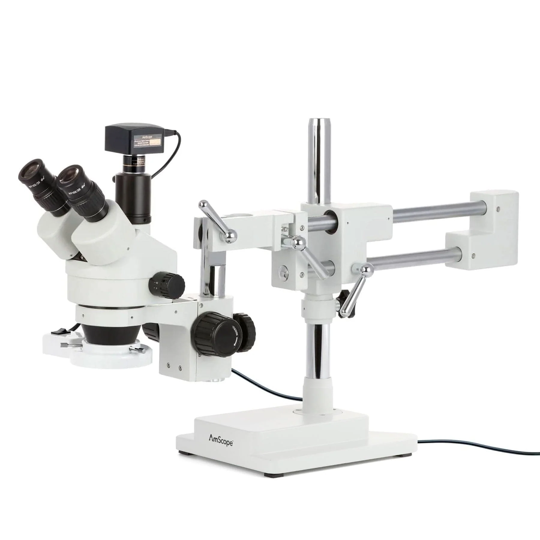 AmScope SM-4 Series Zoom Trinocular Stereo Microscope with 8W Fluorescent Ring Light and Optional Digital Camera on Double Arm Boom Stand - Image 2