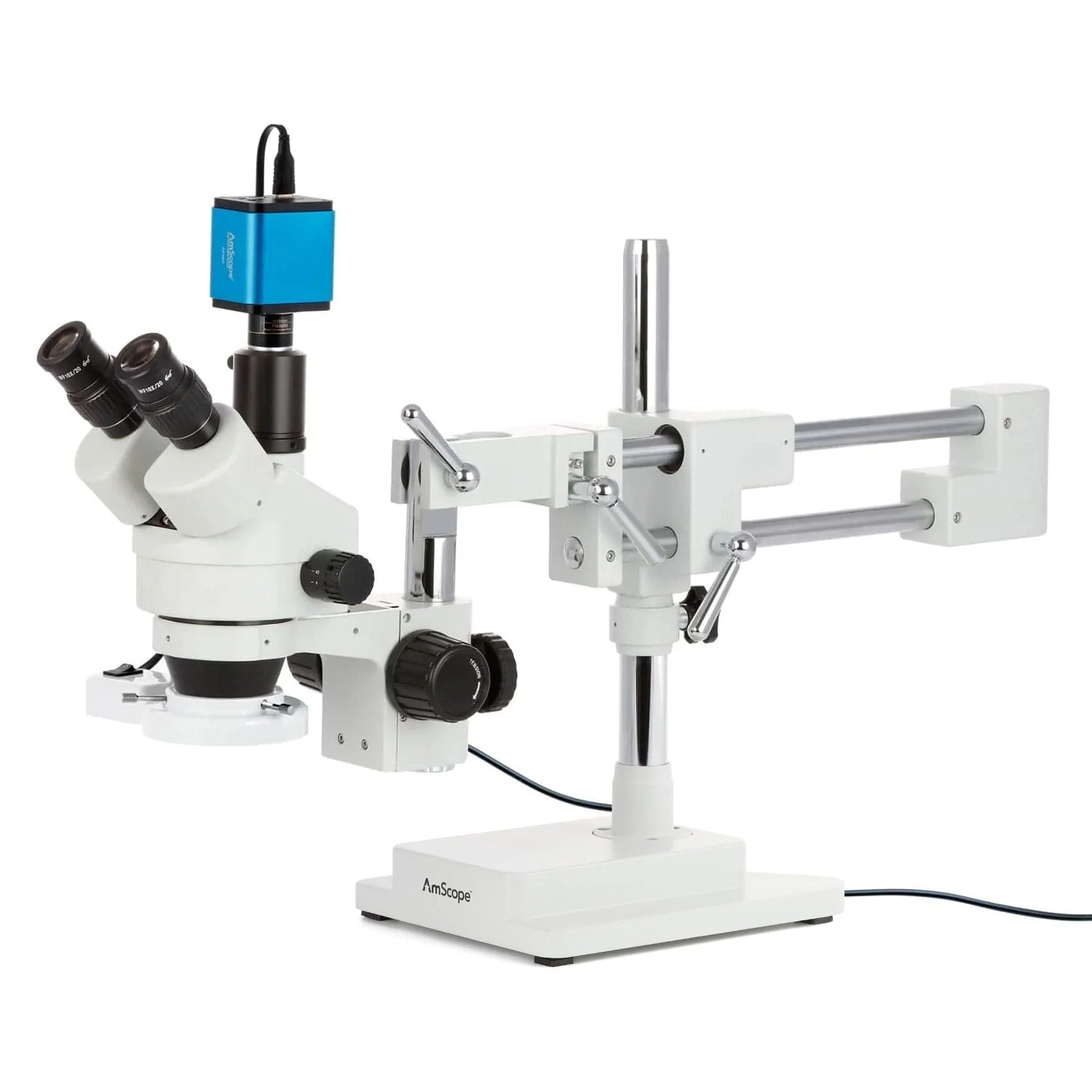 AmScope SM-4 Series Zoom Trinocular Stereo Microscope with 8W Fluorescent Ring Light and Auto Focus Camera on Double Arm Boom Stand - Image 2