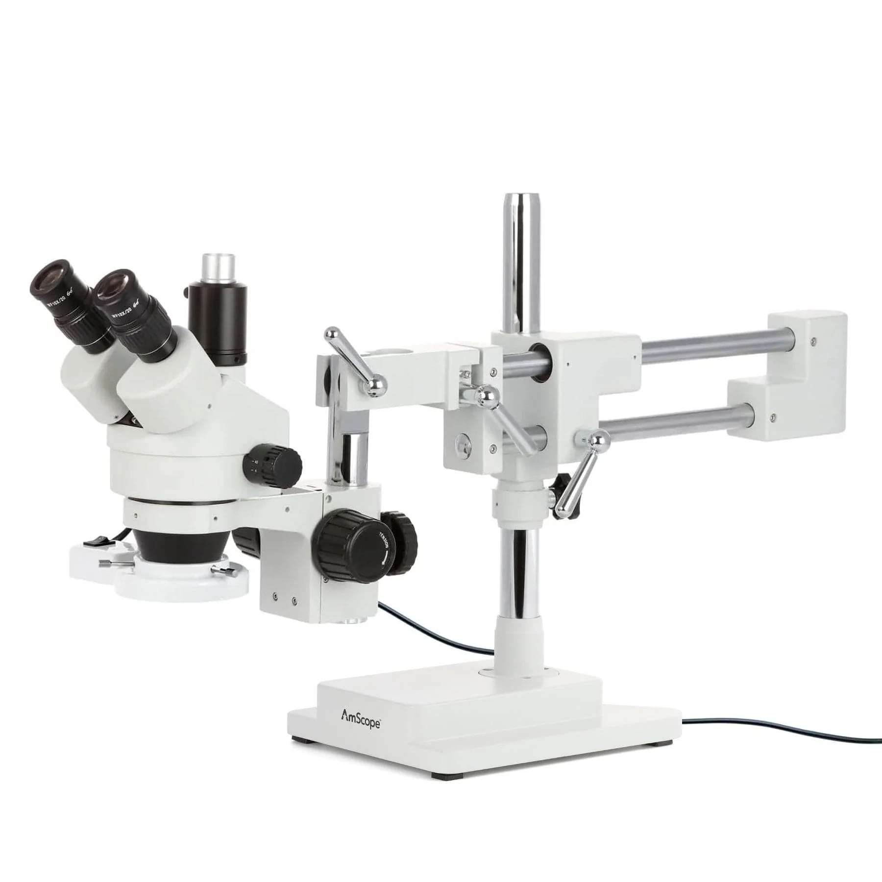 AmScope SM-4 Series Zoom Trinocular Stereo Microscope with 8W Fluorescent Ring Light and HDMI Camera on Double Arm Boom Stand