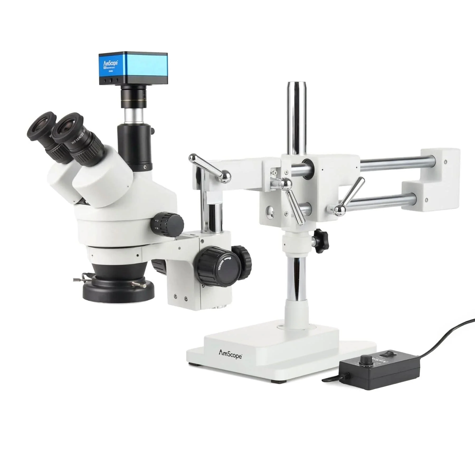 AmScope Zoom Trinocular Stereo Microscope 7X-45X Magnification Range, SM-4 Series on Double Arm Boom Stand + 144-LED Ring Light + Optional 4K Camera