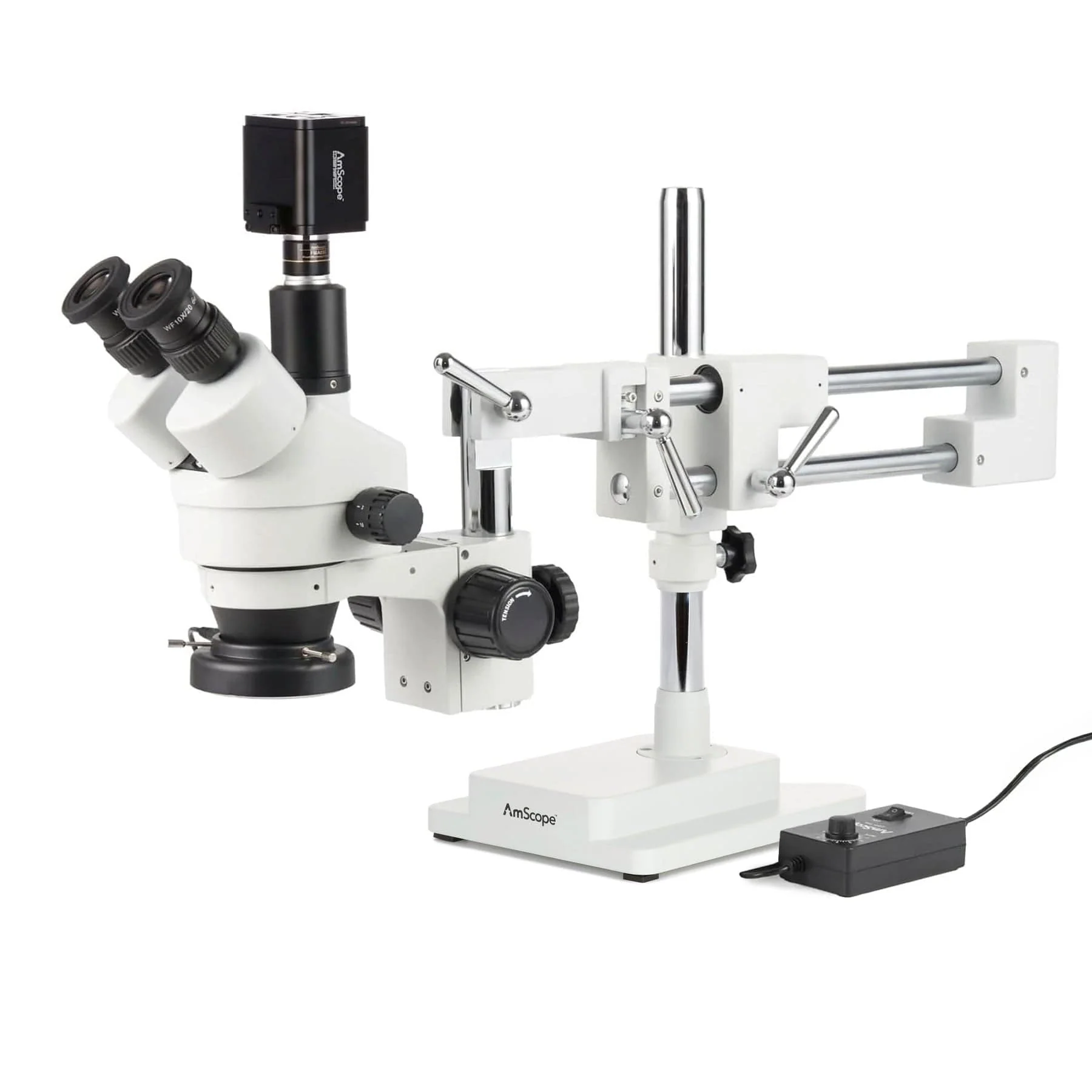 AmScope Zoom Trinocular Stereo Microscope 7X-45X Magnification Range, SM-4 Series on Double Arm Boom Stand + 144-LED Ring Light + Optional 4K Camera - Image 2