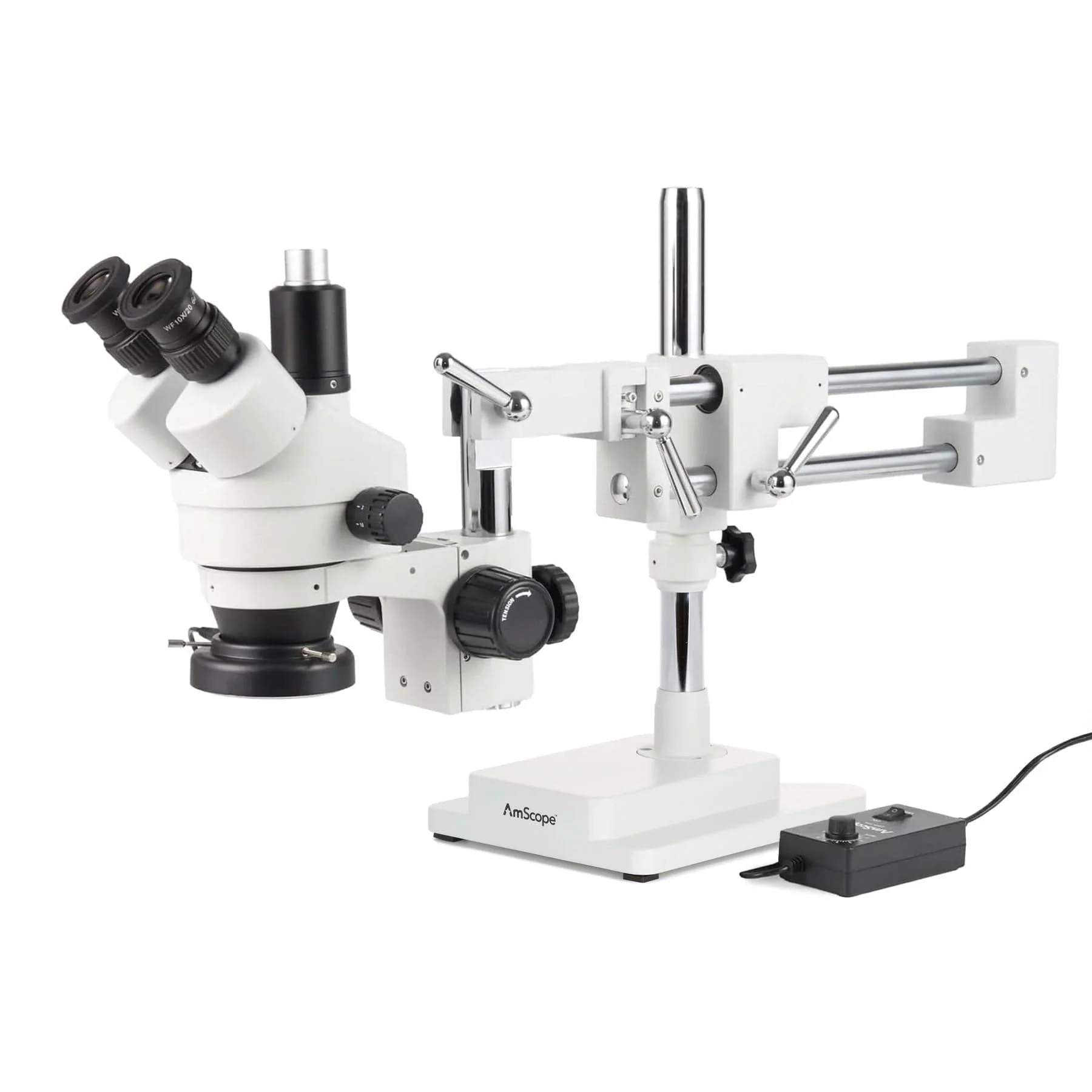AmScope Zoom Trinocular Stereo Microscope 7X-45X Magnification Range, SM-4 Series on Double Arm Boom Stand + 144-LED Ring Light + Optional 4K Camera - Image 3