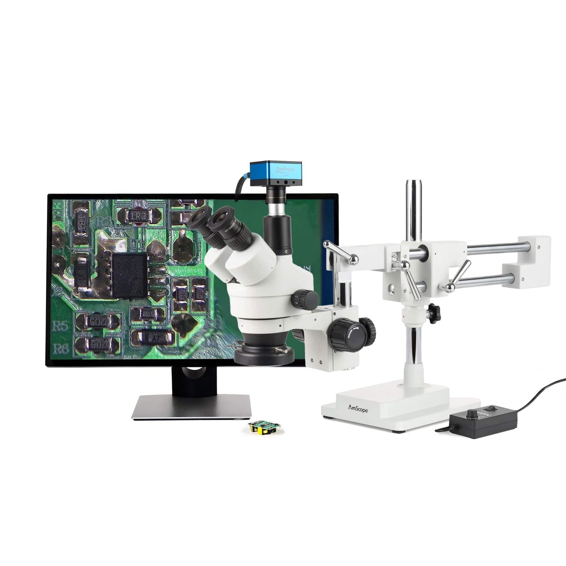 AmScope Zoom Trinocular Stereo Microscope 7X-45X Magnification Range, SM-4 Series on Double Arm Boom Stand + 144-LED Ring Light + Optional 4K Camera - Image 4