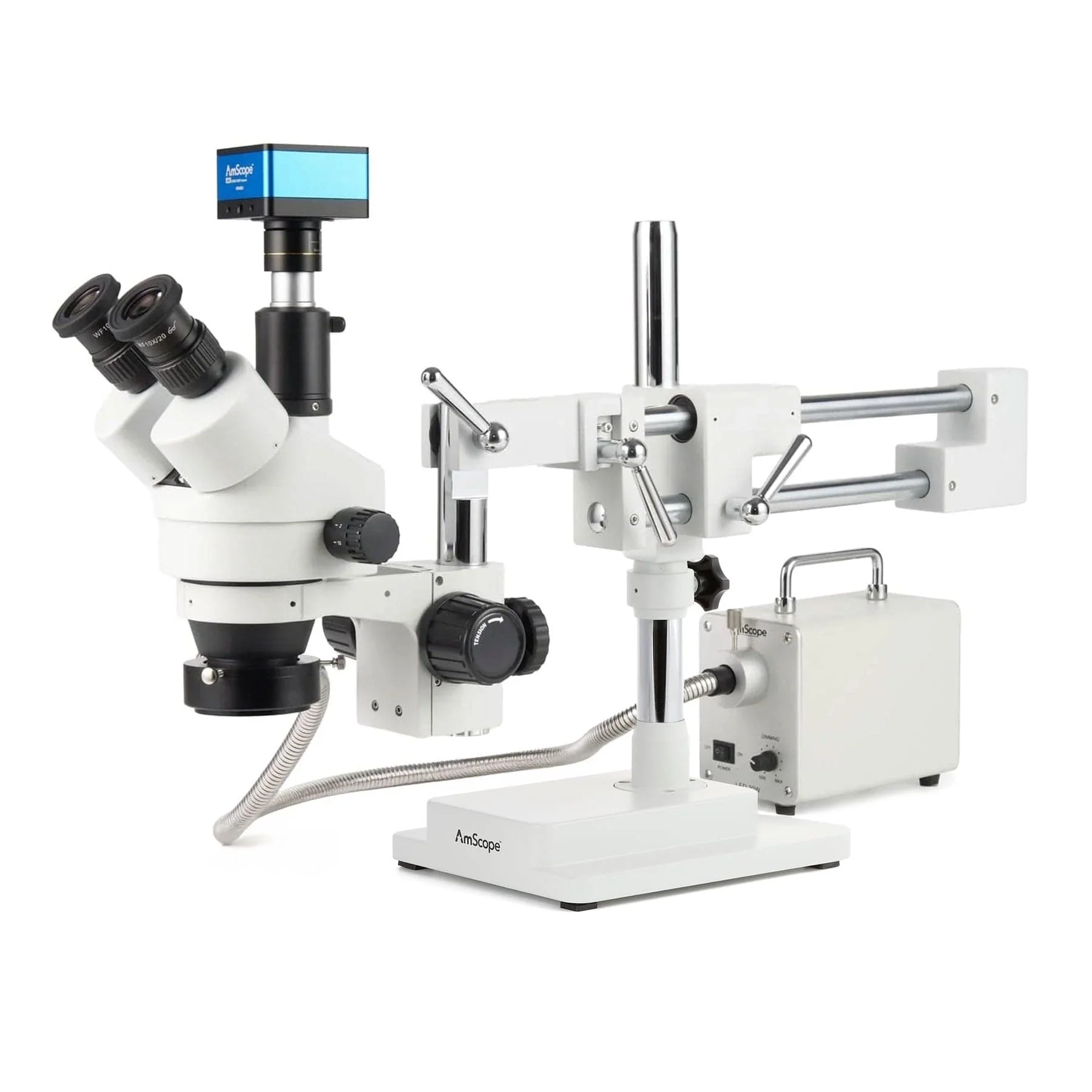 AmScope Zoom Trinocular Stereo Microscope 7X-45X Magnification Range, SM-4 Series on Double Arm Boom Stand + 30W Fiber Optic Ring Light + Optional 4K Camera