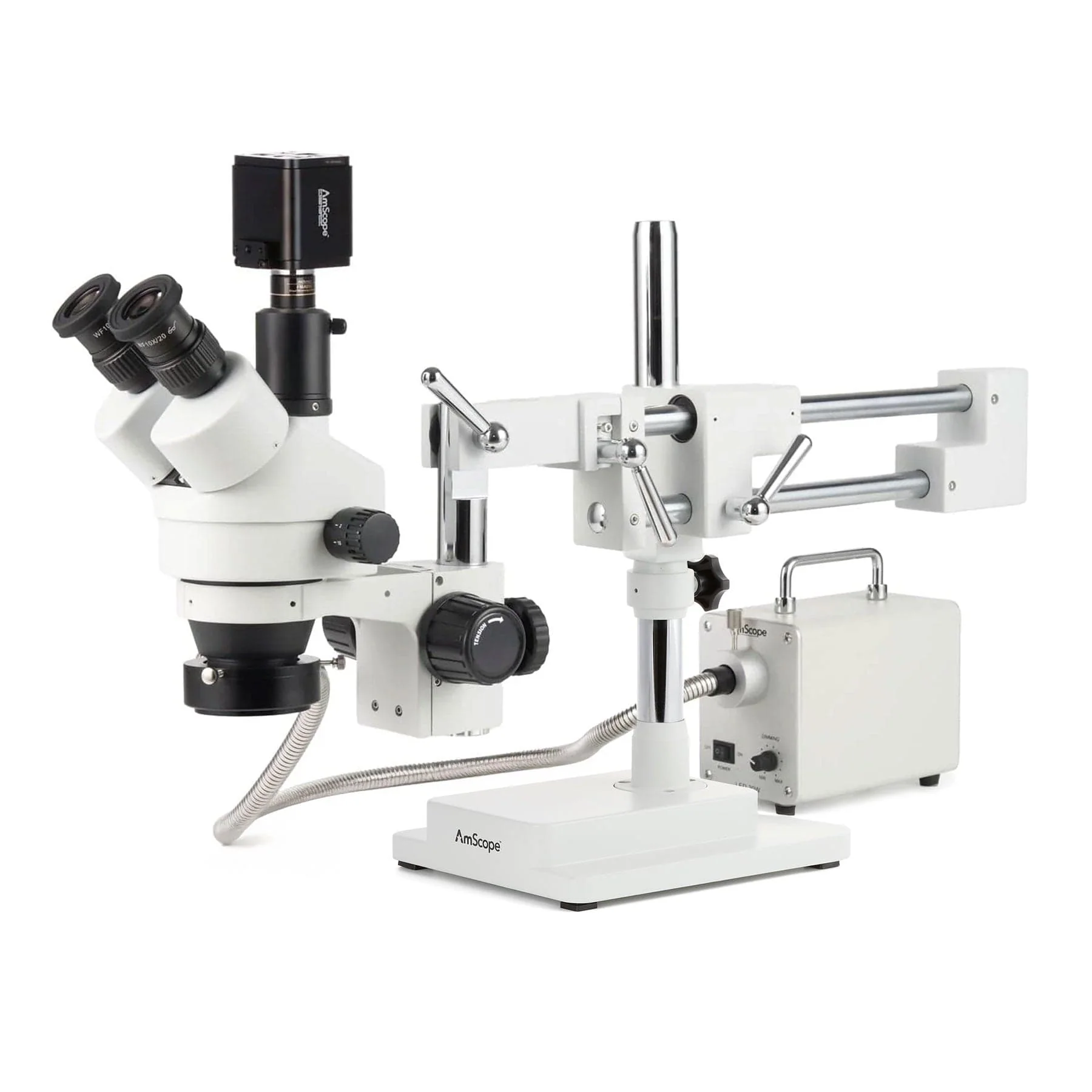 AmScope Zoom Trinocular Stereo Microscope 7X-45X Magnification Range, SM-4 Series on Double Arm Boom Stand + 30W Fiber Optic Ring Light + Optional 4K Camera - Image 2