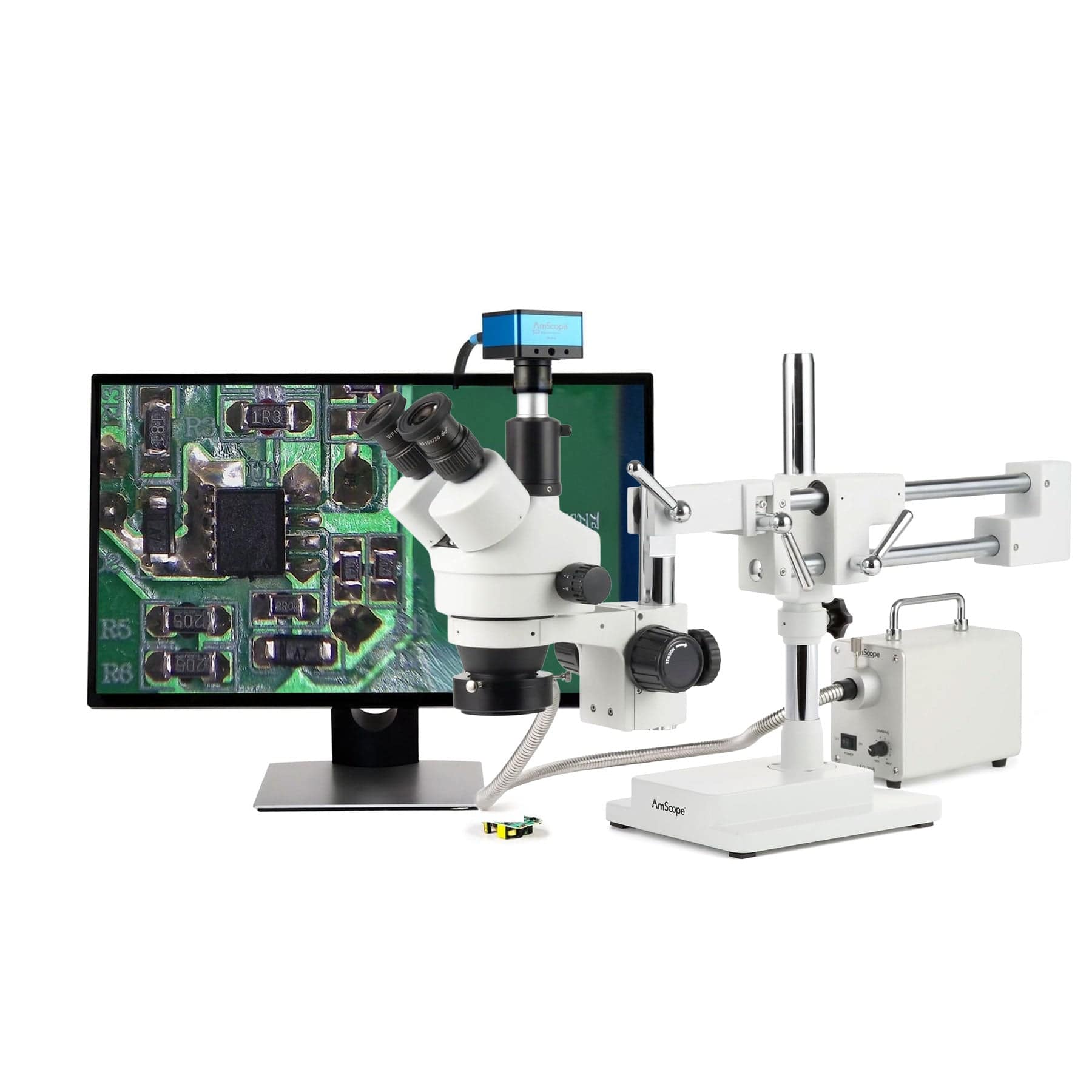 AmScope Zoom Trinocular Stereo Microscope 7X-45X Magnification Range, SM-4 Series on Double Arm Boom Stand + 30W Fiber Optic Ring Light + Optional 4K Camera - Image 3