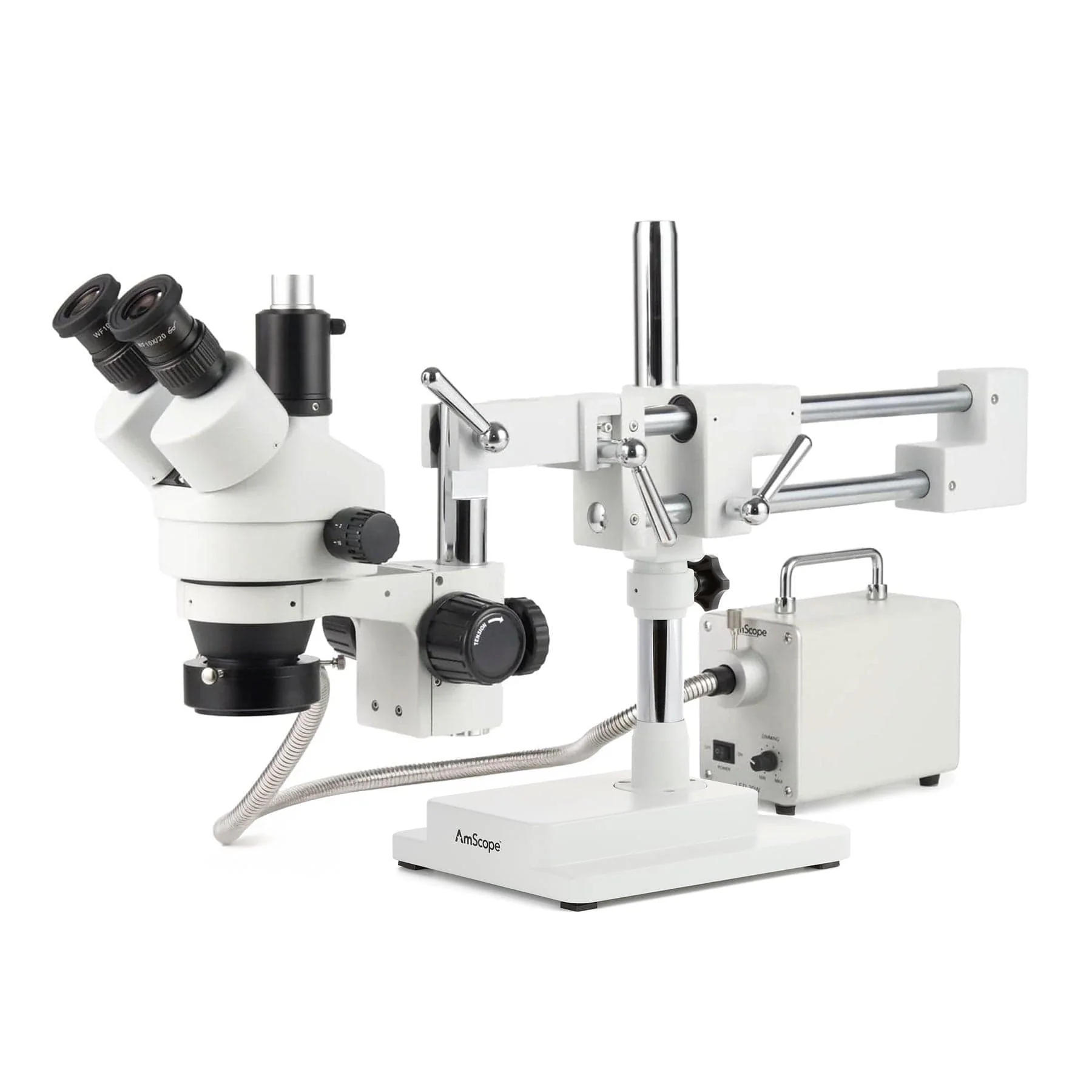 AmScope Zoom Trinocular Stereo Microscope 7X-45X Magnification Range, SM-4 Series on Double Arm Boom Stand + 30W Fiber Optic Ring Light + Optional 4K Camera - Image 4