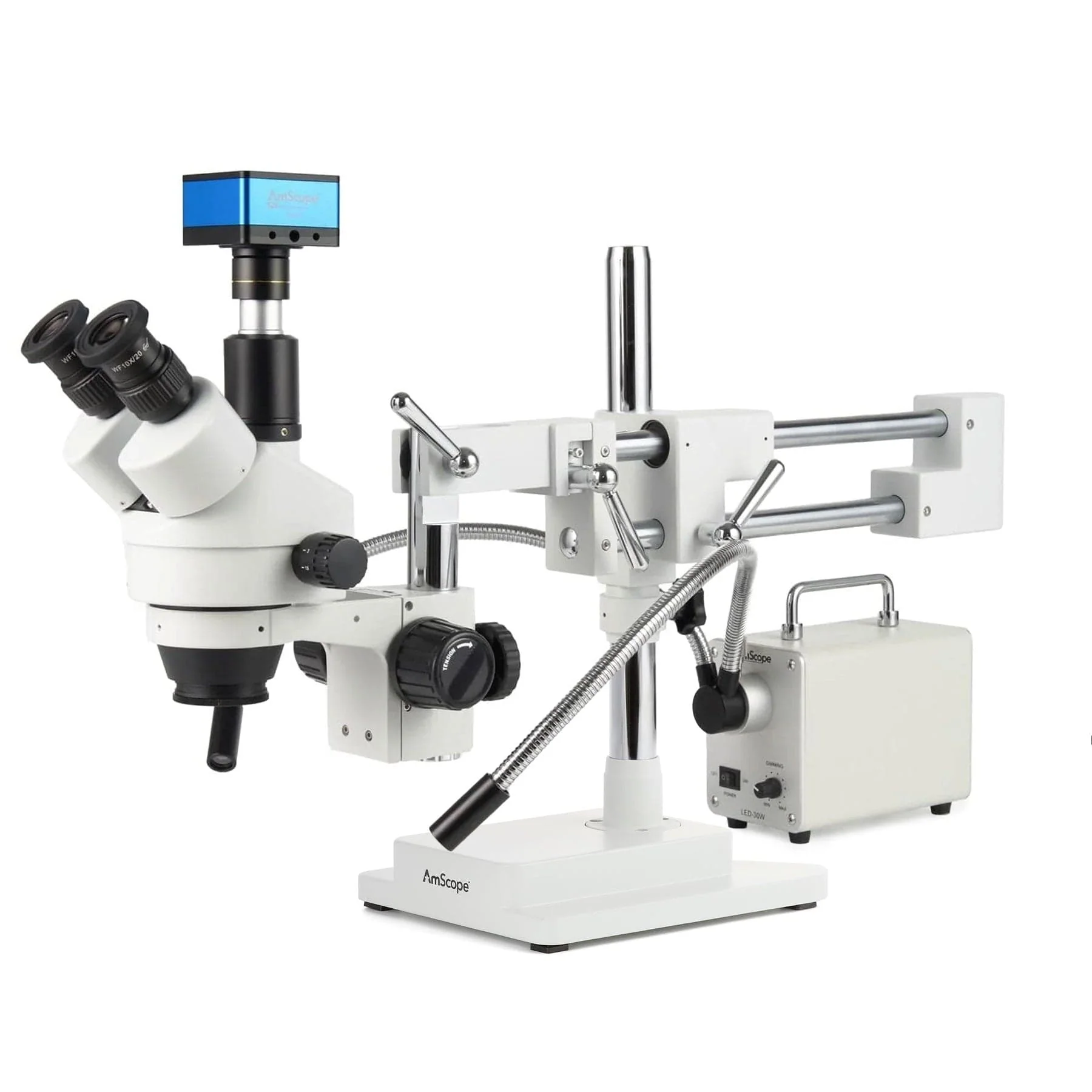 AmScope Zoom Trinocular Stereo Microscope 7X-45X Magnification Range, SM-4 Series on Double Arm Boom Stand + 30W Fiber Optic Gooseneck Illuminator + Optional 4K Camera