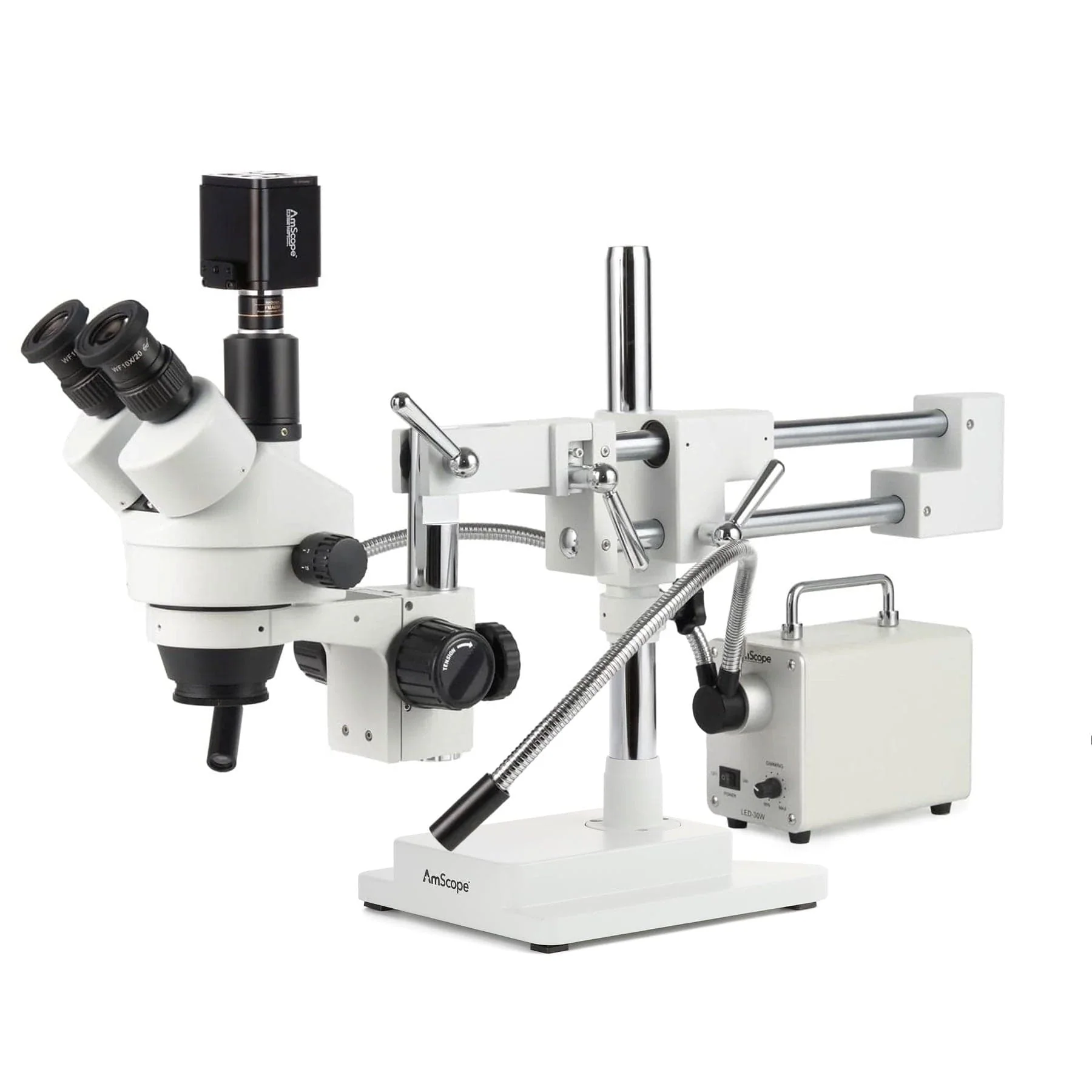 AmScope Zoom Trinocular Stereo Microscope 7X-45X Magnification Range, SM-4 Series on Double Arm Boom Stand + 30W Fiber Optic Gooseneck Illuminator + Optional 4K Camera - Image 2