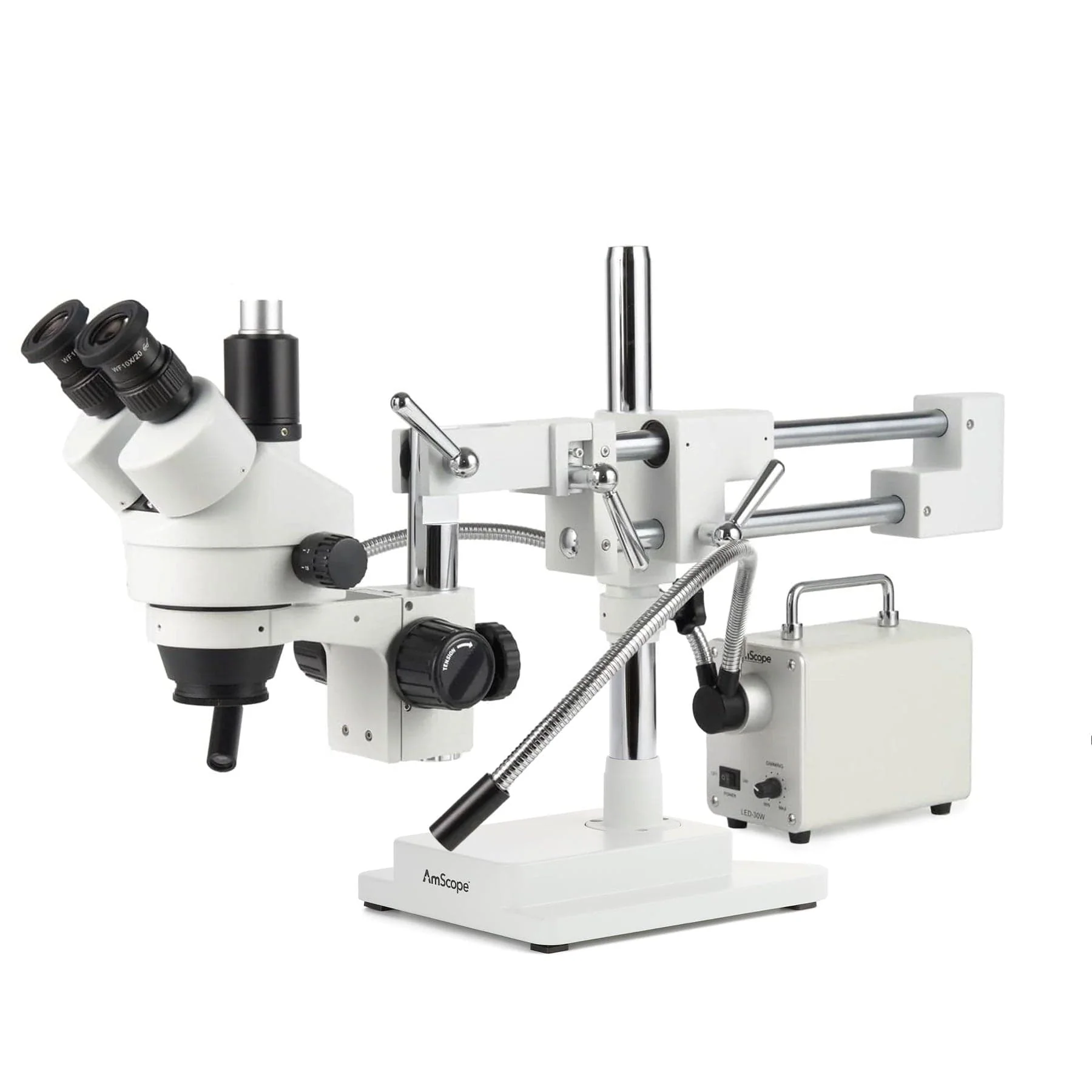 AmScope Zoom Trinocular Stereo Microscope 7X-45X Magnification Range, SM-4 Series on Double Arm Boom Stand + 30W Fiber Optic Gooseneck Illuminator + Optional 4K Camera - Image 3