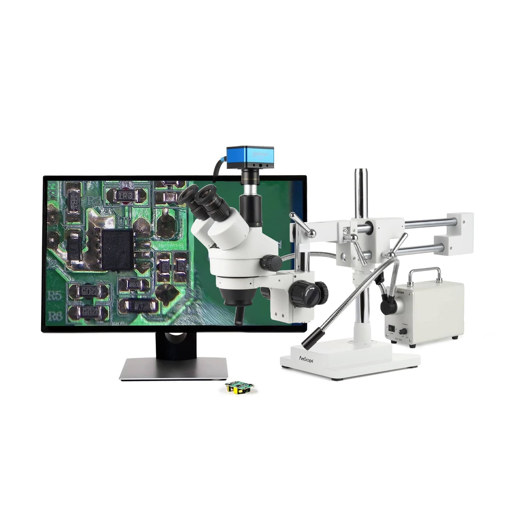 AmScope Zoom Trinocular Stereo Microscope 7X-45X Magnification Range, SM-4 Series on Double Arm Boom Stand + 30W Fiber Optic Gooseneck Illuminator + Optional 4K Camera - Image 4