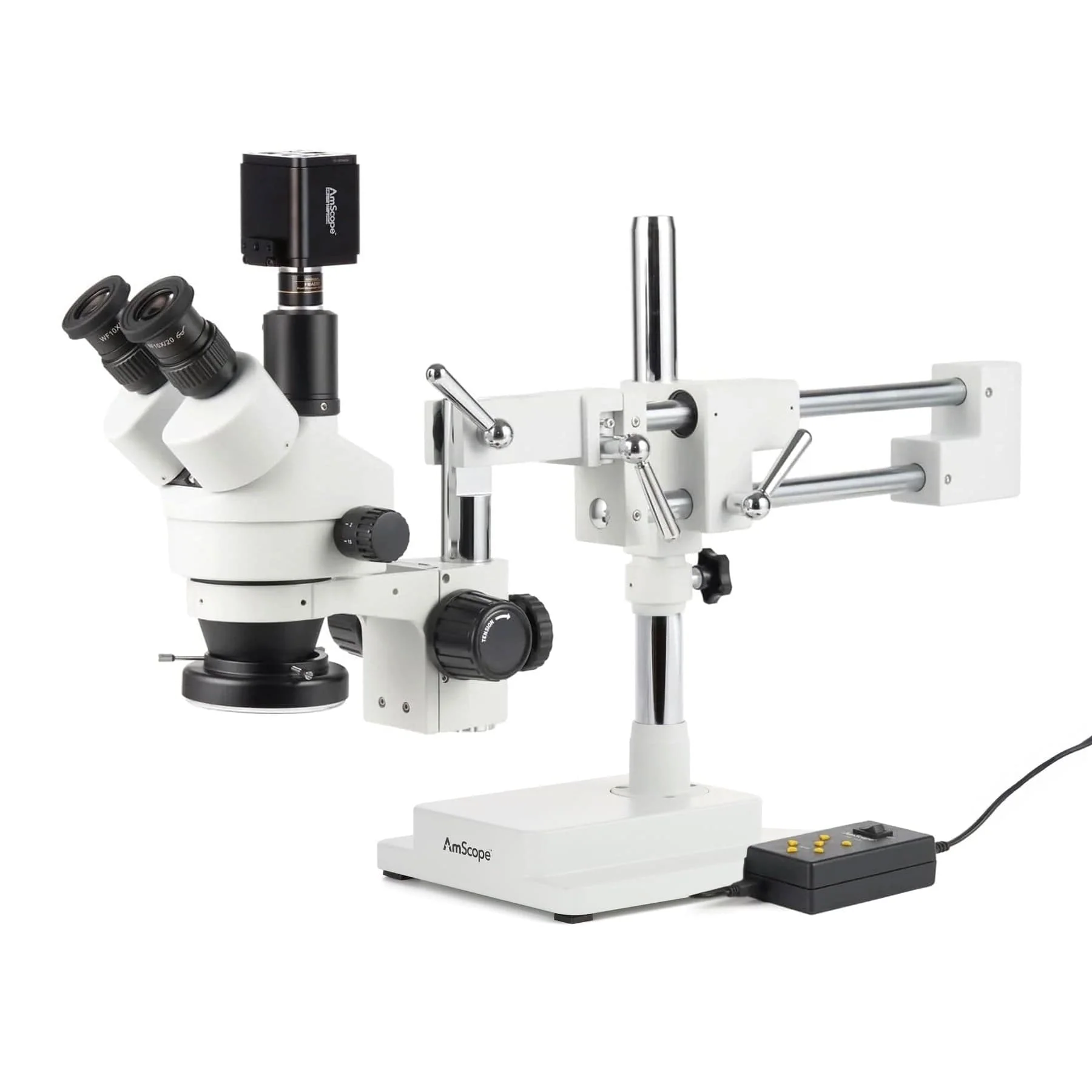 AmScope Zoom Trinocular Stereo Microscope 7X-45X Magnification Range, SM-4 Series on Double Arm Boom Stand + 70-LED Ring Light + Optional 4K Camera - Image 2