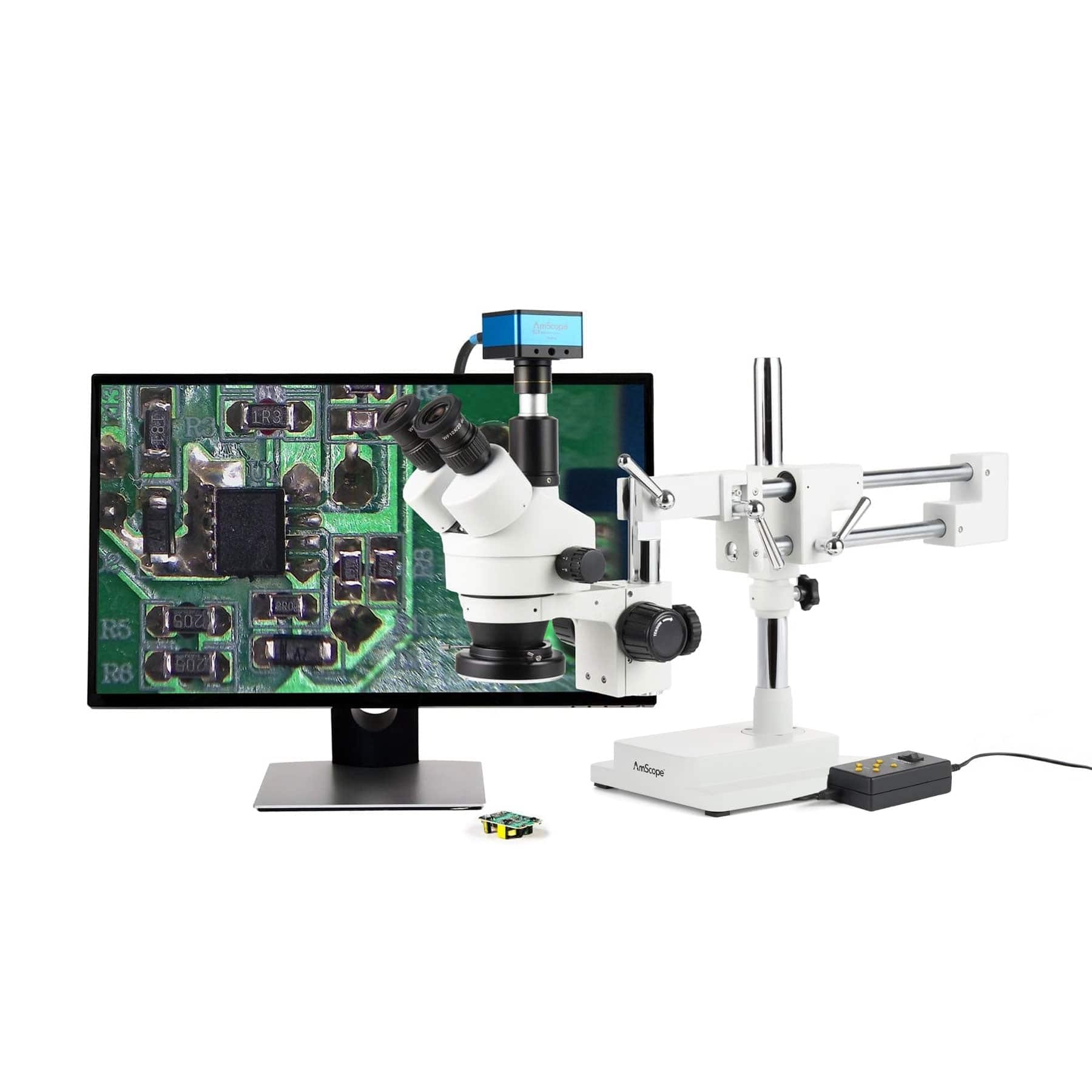 AmScope Zoom Trinocular Stereo Microscope 7X-45X Magnification Range, SM-4 Series on Double Arm Boom Stand + 70-LED Ring Light + Optional 4K Camera - Image 3