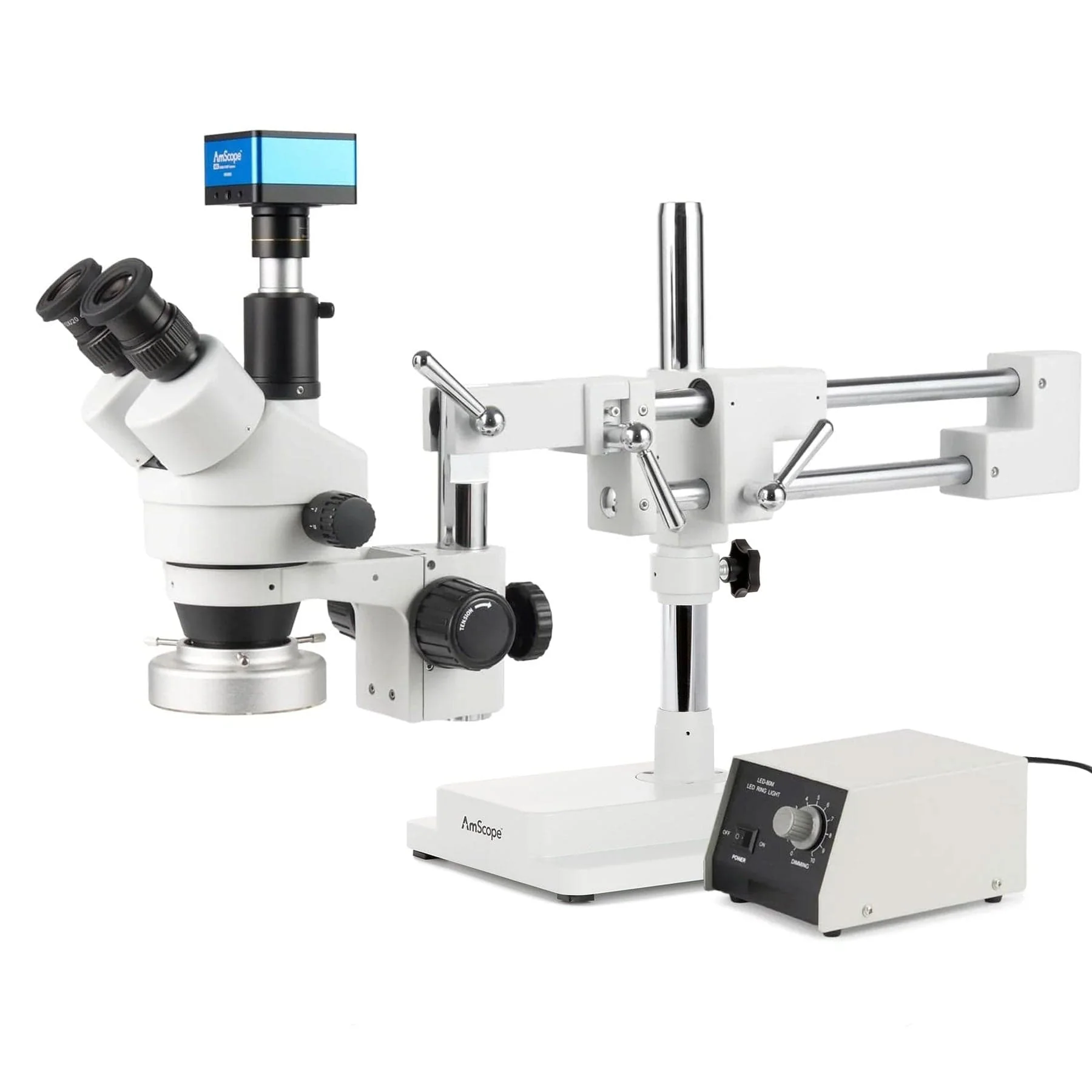 AmScope Zoom Trinocular Stereo Microscope 7X-45X Magnification Range, SM-4 Series on Double Arm Boom Stand + 80-LED Ring Light + Optional 4K Camera