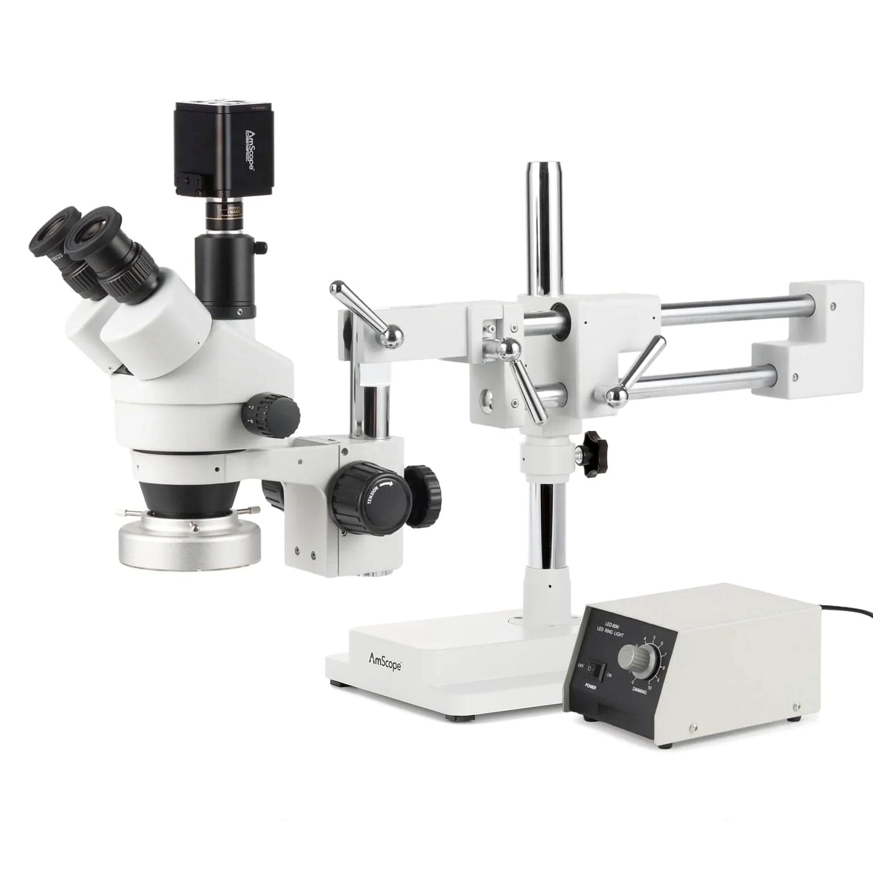 AmScope Zoom Trinocular Stereo Microscope 7X-45X Magnification Range, SM-4 Series on Double Arm Boom Stand + 80-LED Ring Light + Optional 4K Camera - Image 2