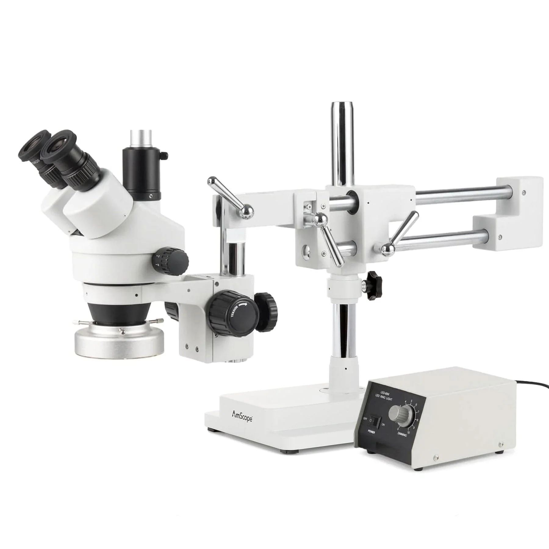 AmScope Zoom Trinocular Stereo Microscope 7X-45X Magnification Range, SM-4 Series on Double Arm Boom Stand + 80-LED Ring Light + Optional 4K Camera - Image 3