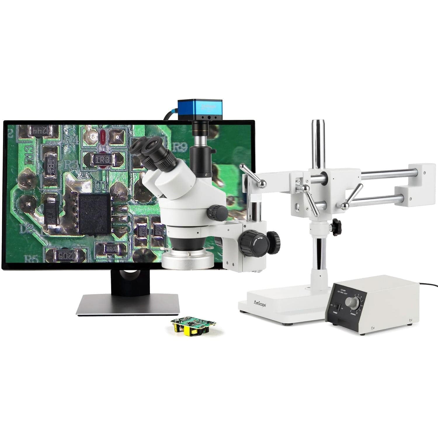 AmScope Zoom Trinocular Stereo Microscope 7X-45X Magnification Range, SM-4 Series on Double Arm Boom Stand + 80-LED Ring Light + Optional 4K Camera - Image 4