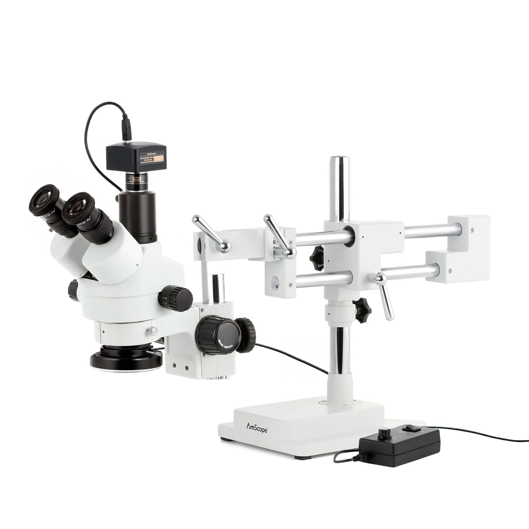 AmScope SM-4T Series Trinocular Simul-Focal Zoom Stereo Microscope w/144 LED Ring Light and Optional Digital Camera on Double Arm Boom Stand - Image 3