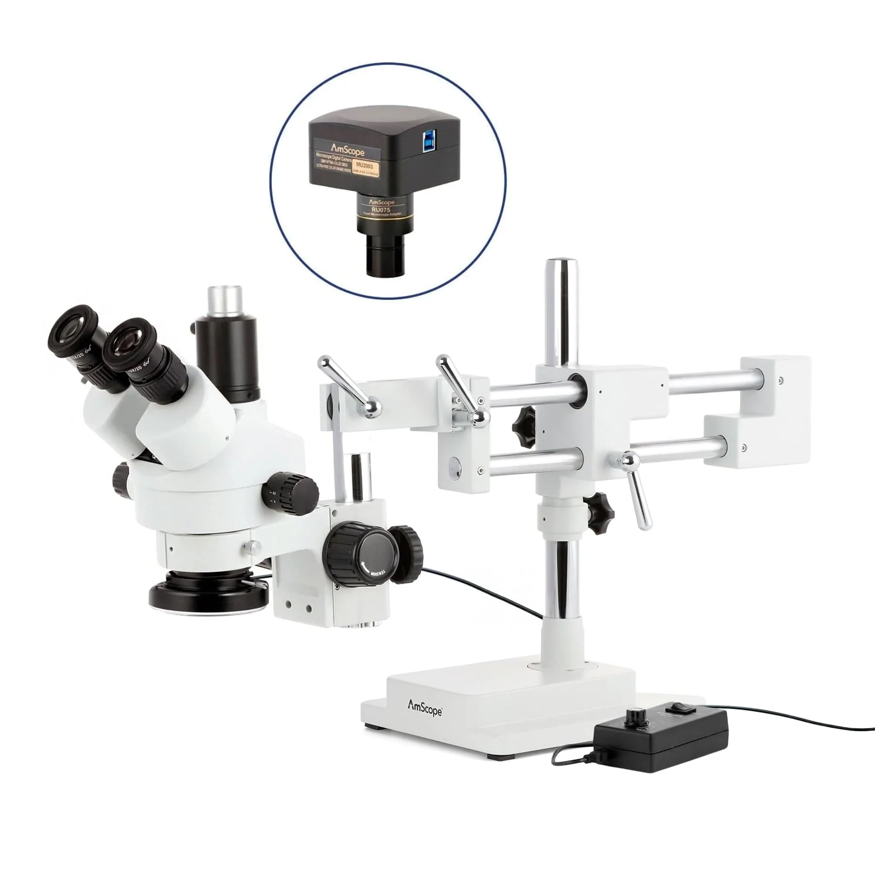 AmScope SM-4T Series Trinocular Simul-Focal Zoom Stereo Microscope w/144 LED Ring Light and Optional Digital Camera on Double Arm Boom Stand - Image 7