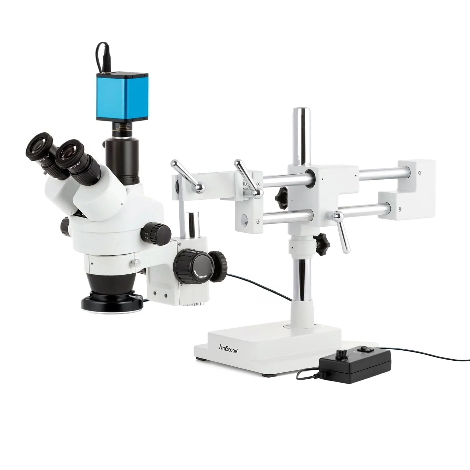 AmScope SM-4 Series Simul-Focal Zoom Trinocular Stereo Microscope with 144 LED Ring Light and Auto Focus Camera on Double Arm Boom Stand - Image 3