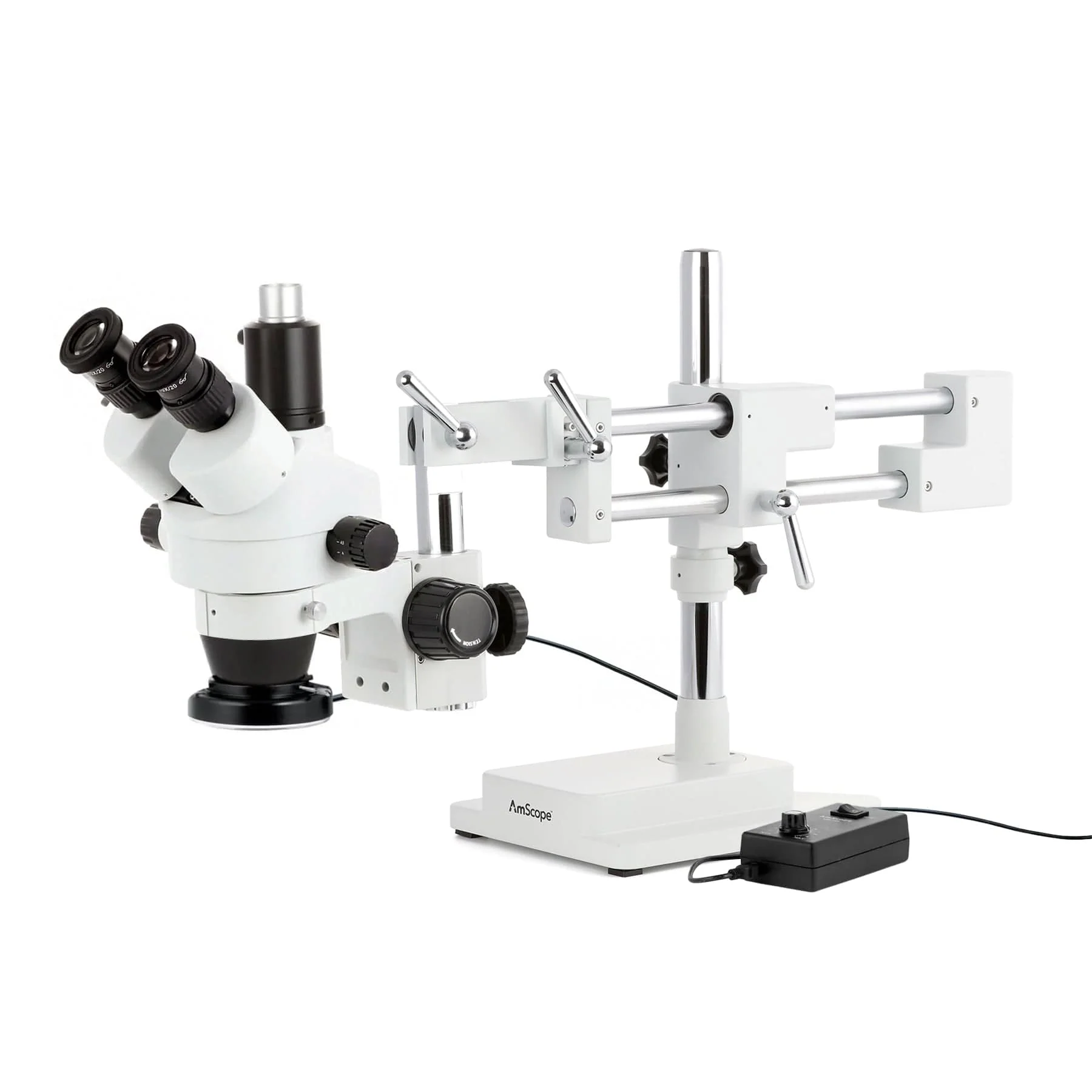 AmScope SM-4 Series Simul-Focal Zoom Trinocular Stereo Microscope with 144 LED Ring Light and HDMI Camera on Double Arm Boom Stand