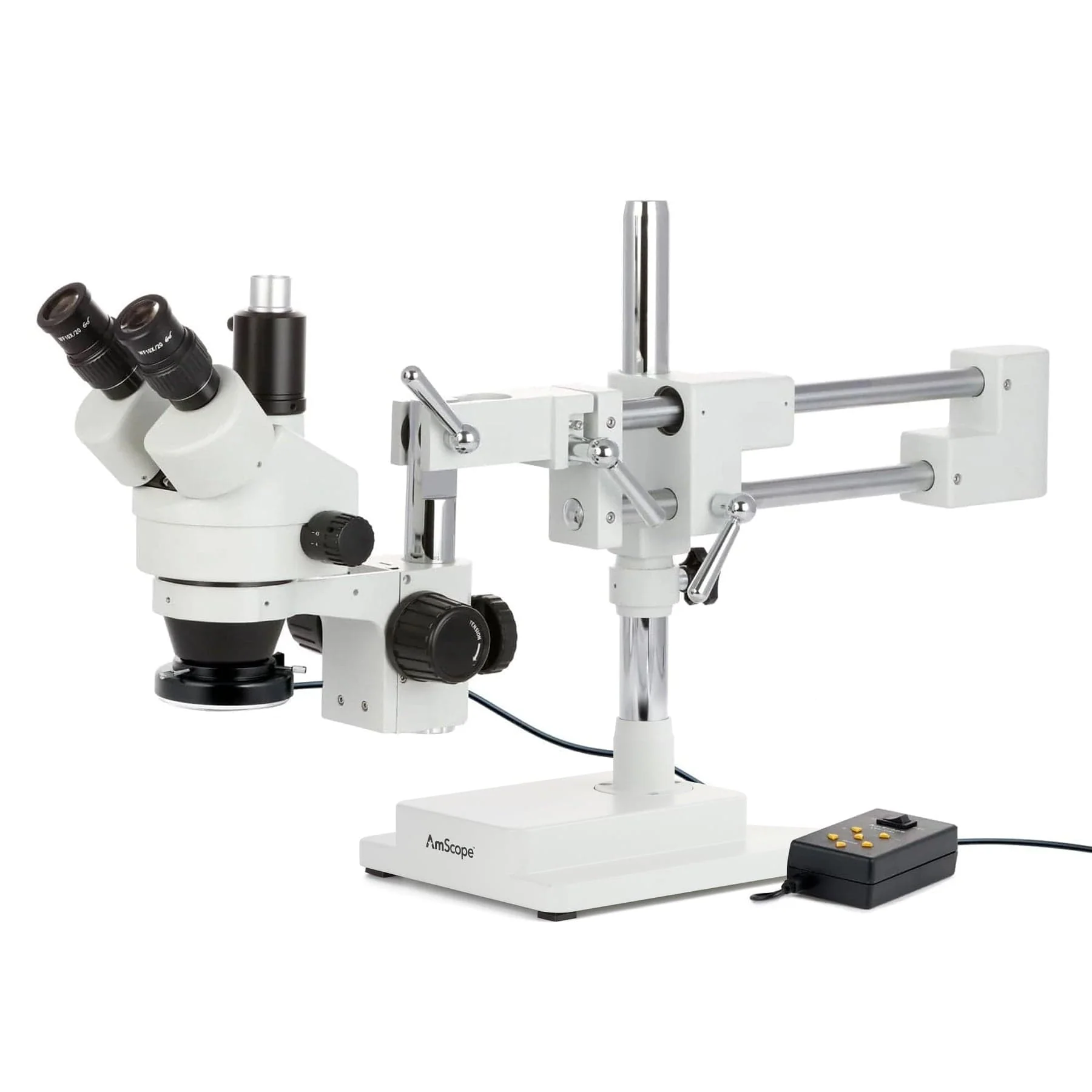 AmScope SM-4 Series Simul-Focal Zoom Trinocular Stereo Microscope with Multi-Zone 144 LED and Optional Digital Camera on Double Arm Boom Stand