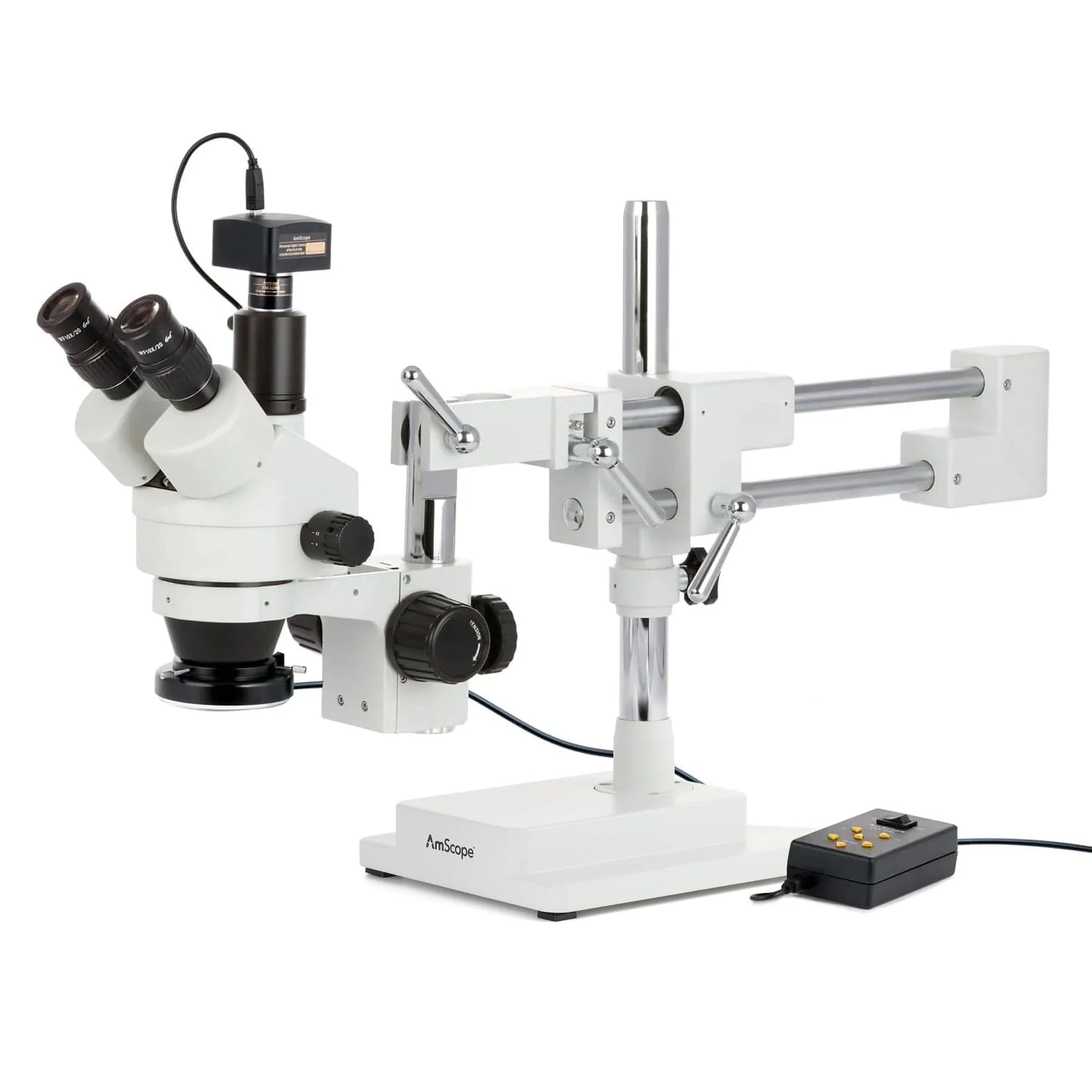 AmScope SM-4 Series Simul-Focal Zoom Trinocular Stereo Microscope with Multi-Zone 144 LED and Optional Digital Camera on Double Arm Boom Stand - Image 3