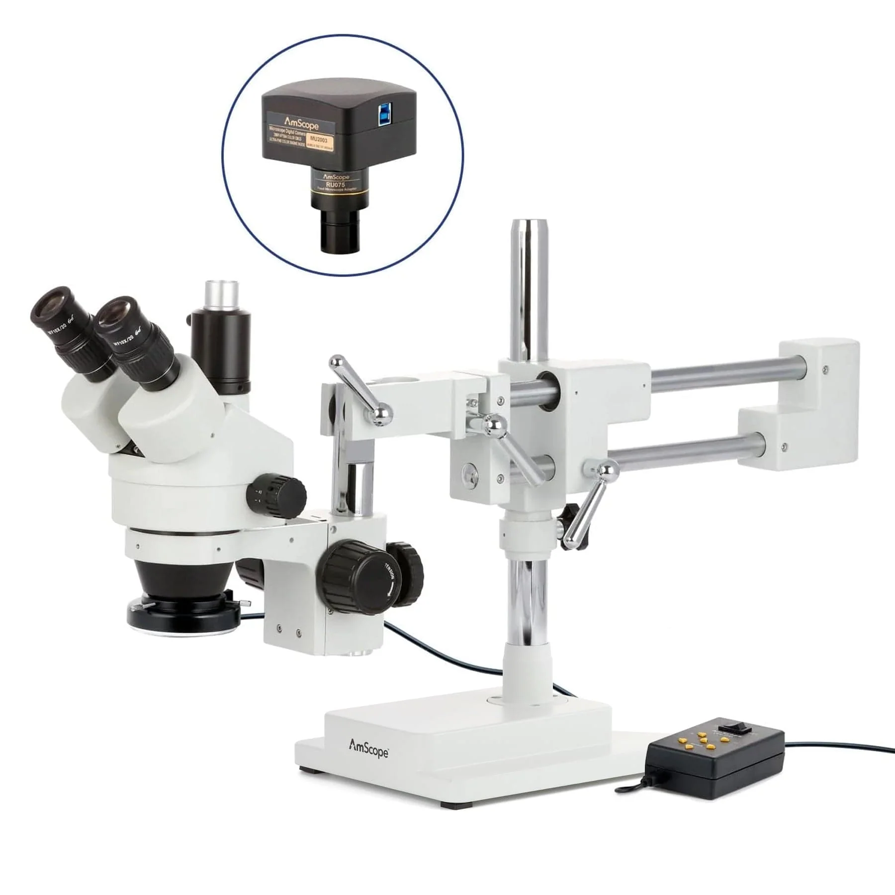 AmScope SM-4 Series Simul-Focal Zoom Trinocular Stereo Microscope with Multi-Zone 144 LED and Optional Digital Camera on Double Arm Boom Stand - Image 4