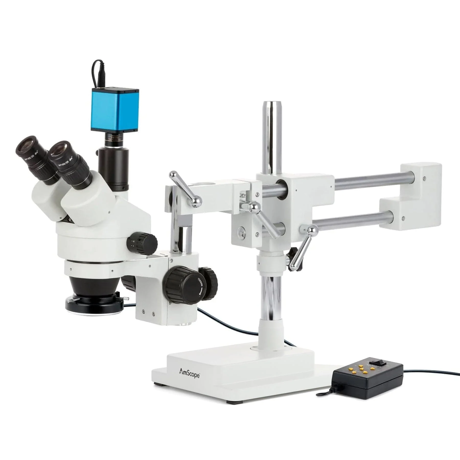AmScope SM-4 Series Simul-Focal Zoom Trinocular Stereo Microscope with Multi-Zone 144 LED and Auto Focus Camera on Double Arm Boom Stand - Image 3
