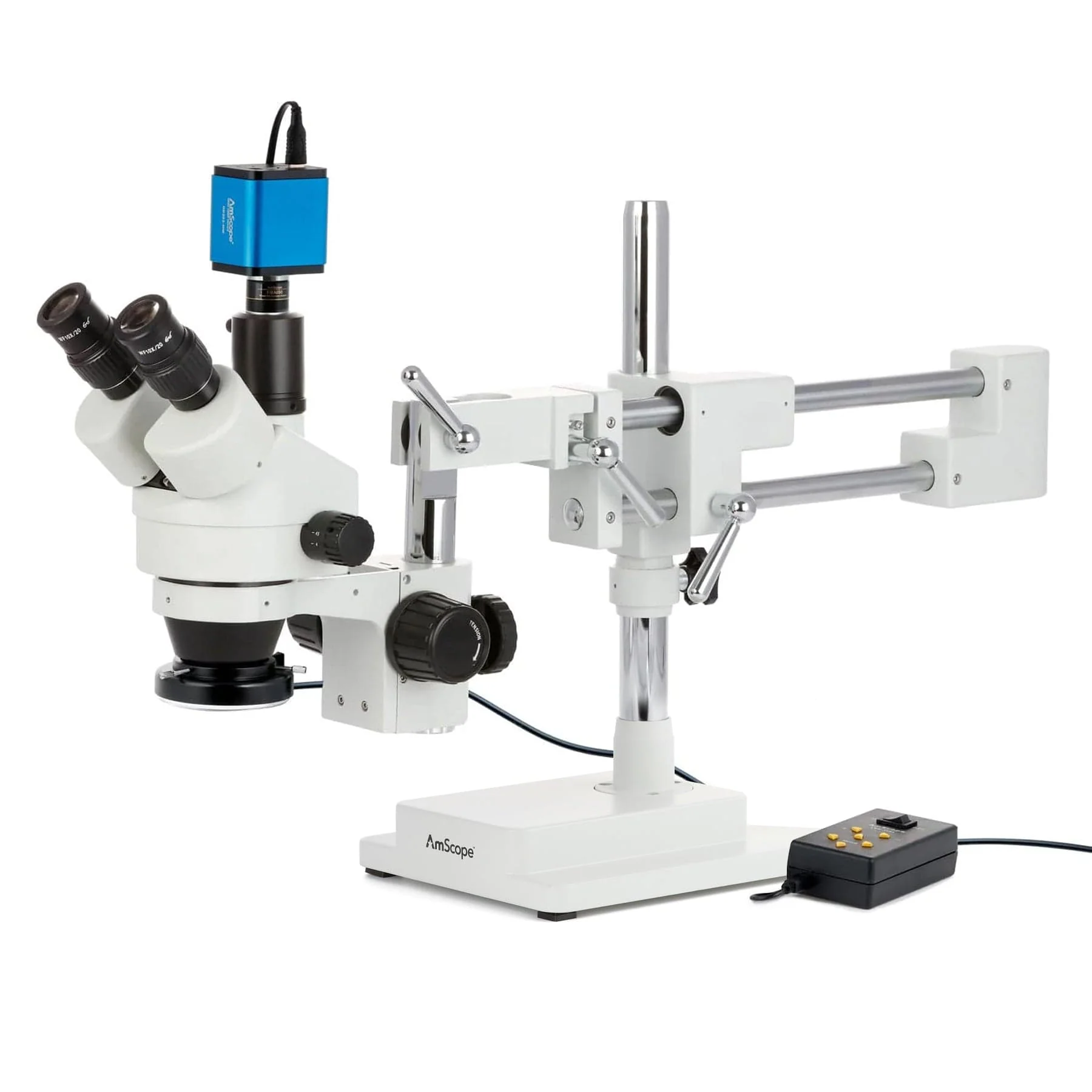 AmScope SM-4 Series Simul-Focal Zoom Trinocular Stereo Microscope with Multi-Zone 144 LED and HDMI Camera on Double Arm Boom Stand - Image 3