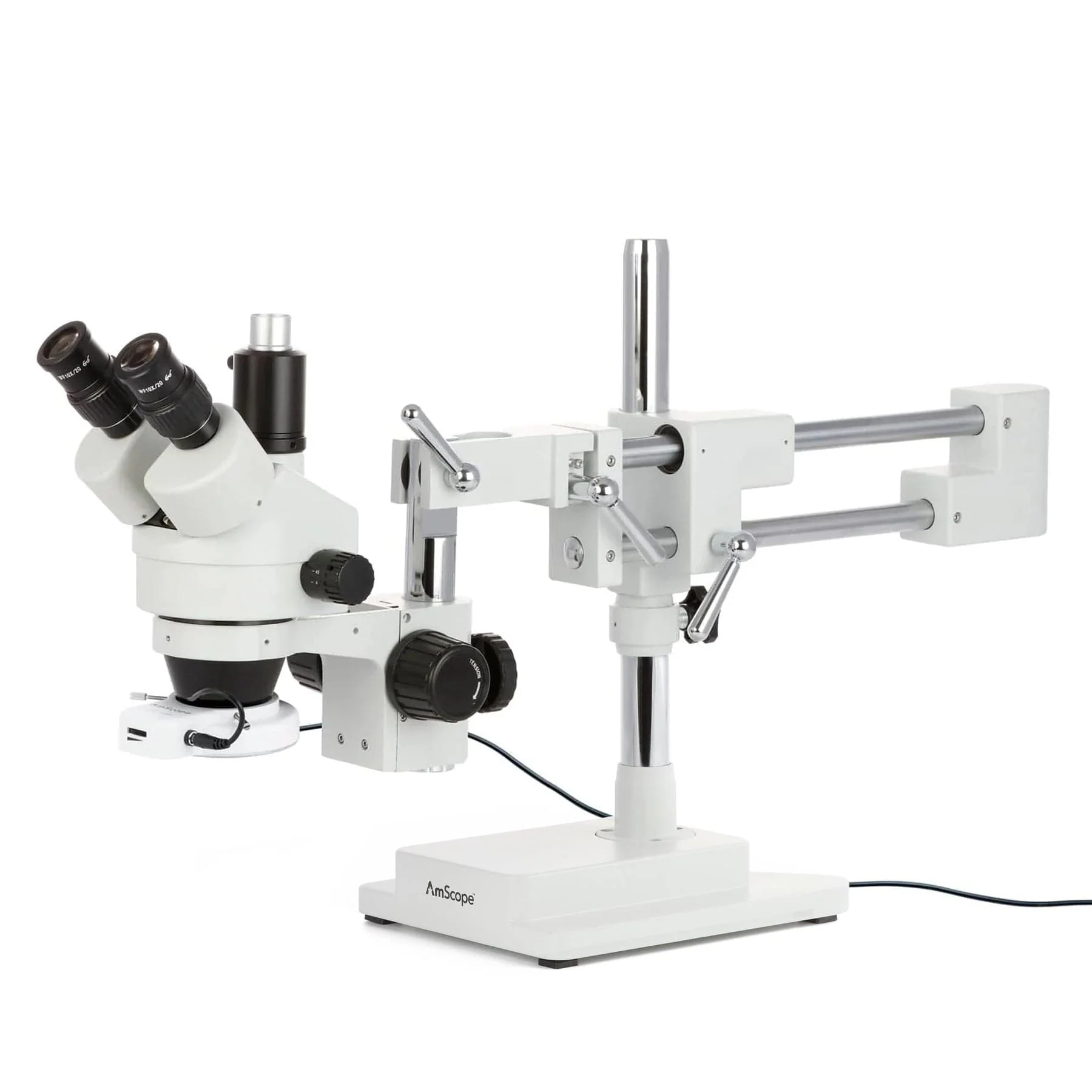 AmScope SM-4 Series Simul-Focal Zoom Trinocular Stereo Microscope with 144 LED Compact Ring Light and Optional Digital Camera on Double Arm Boom Stand
