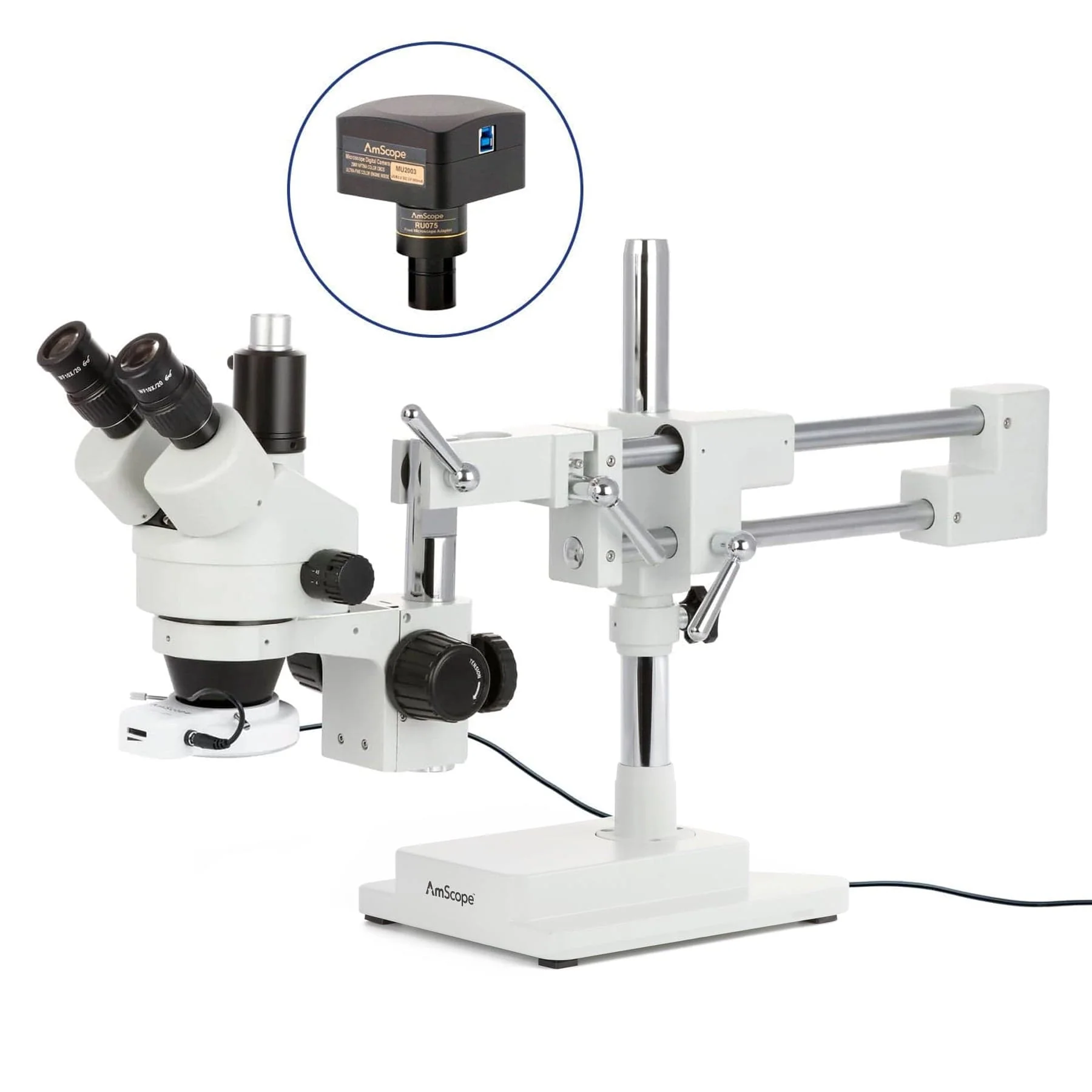 AmScope SM-4 Series Simul-Focal Zoom Trinocular Stereo Microscope with 144 LED Compact Ring Light and Optional Digital Camera on Double Arm Boom Stand - Image 7