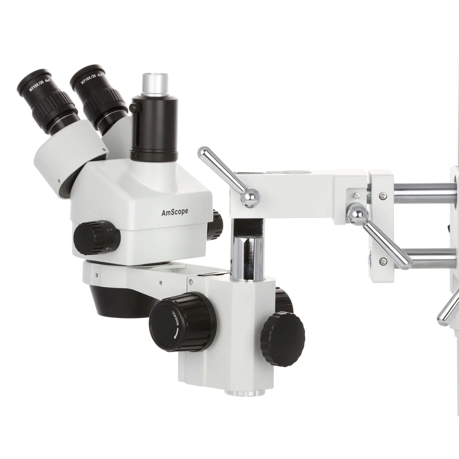 AmScope SM-4 Series Simul-Focal Zoom Trinocular Stereo Microscope with 144 LED Compact Ring Light and Optional Digital Camera on Double Arm Boom Stand - Image 9